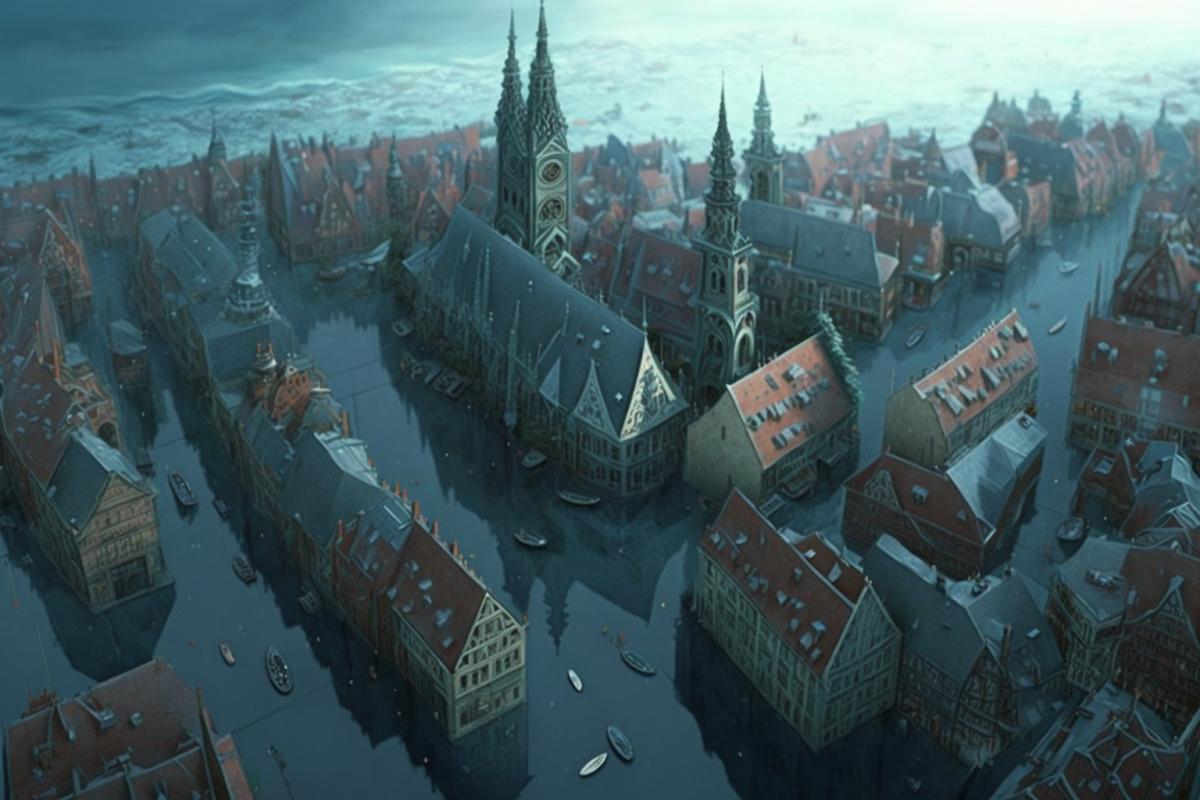 a chic medieval city is completely hidden under water, from a height