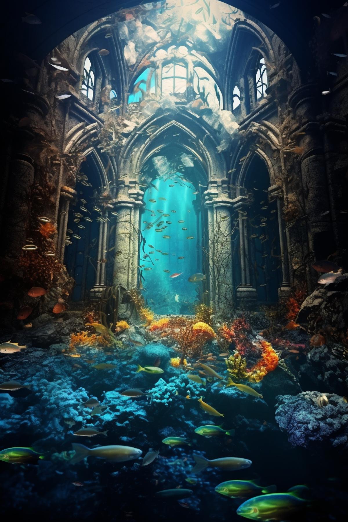 View from a broken stained glwindow to a flooded dead city, colored shards, underwater world, gothic style
