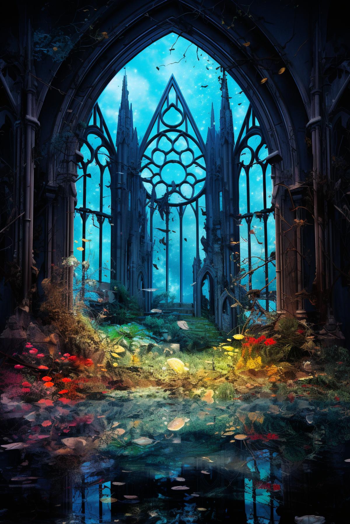 View from a broken stained glwindow to a flooded dead city, colored shards, underwater world, gothic style