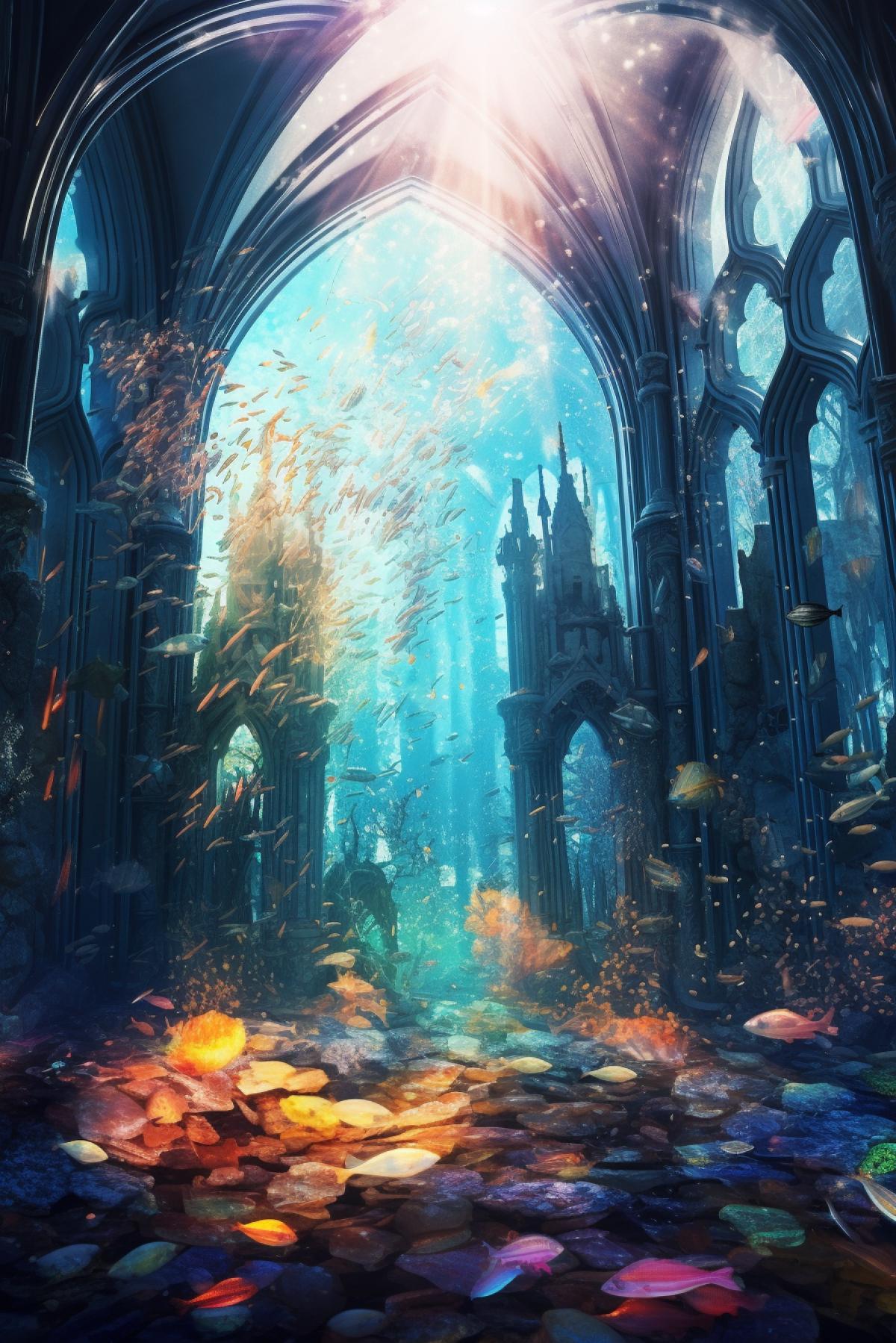 View of the underwater dead city from a broken stained glwindow, gothic style, colored shards, underwater world, gothic style, beautiful light through colored glass