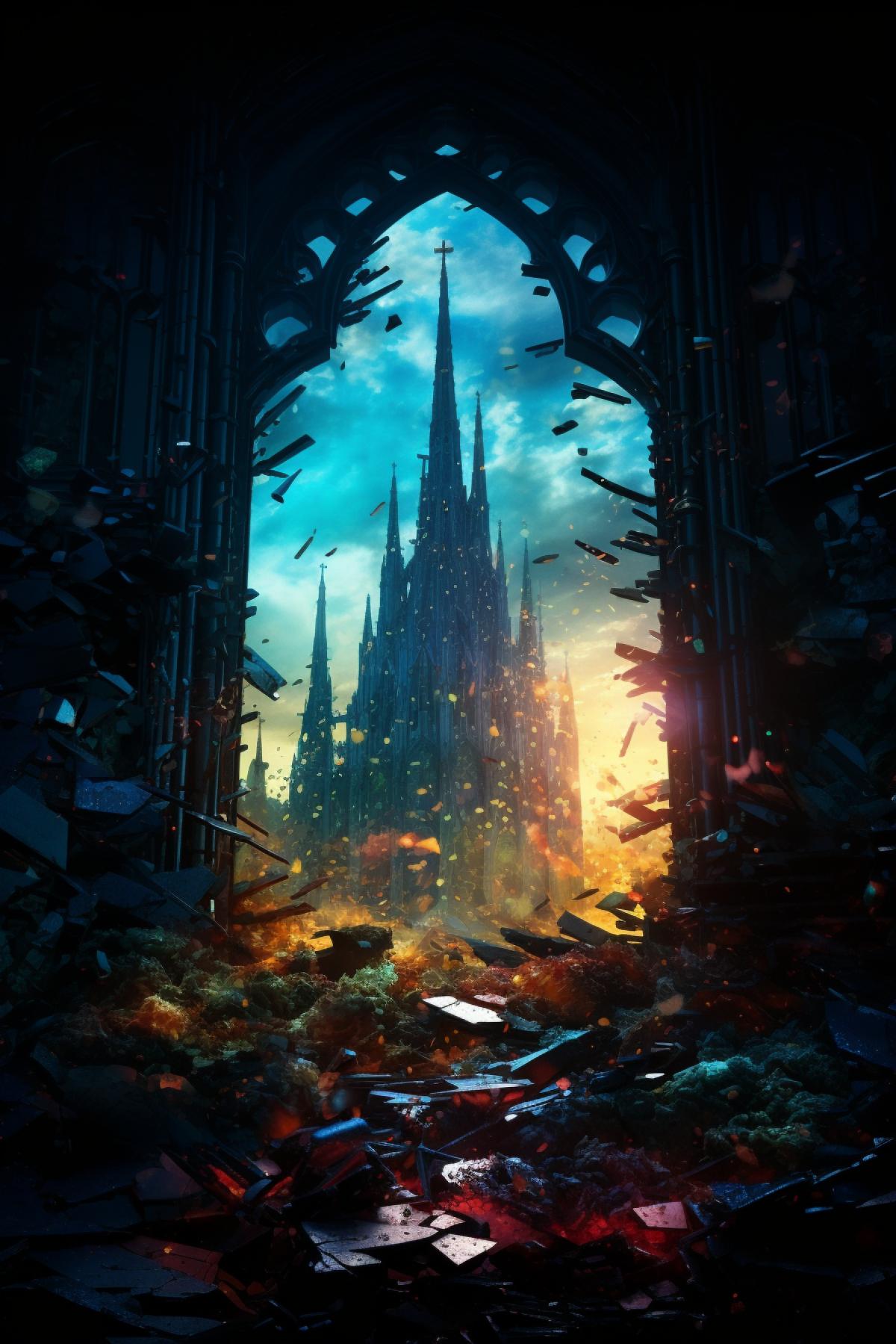 View of the underwater dead city from a broken stained glwindow, gothic style, colored shards, underwater world, gothic style, beautiful light through colored glass