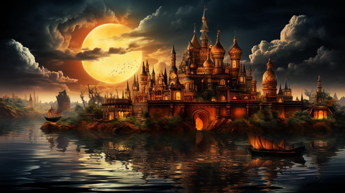 Living underwater sea city, neo-romanticism with inhabitants, mermaids and dragons, light reflection