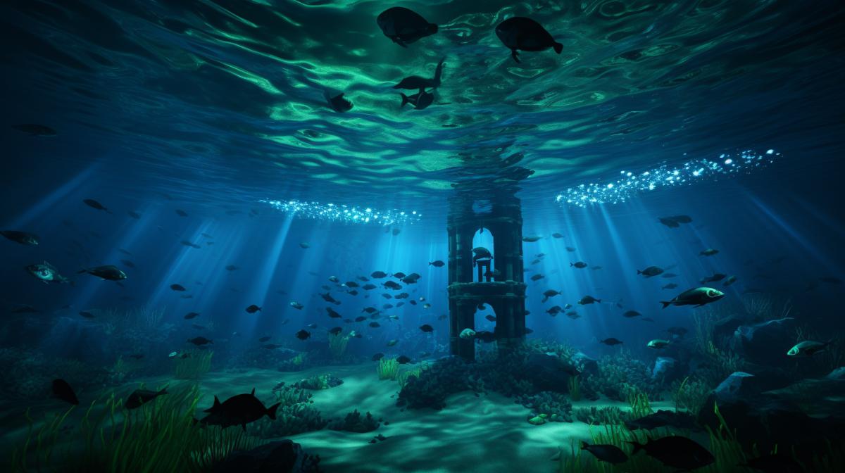 Living underwater sea city, neo-romanticism with inhabitants, mermaids and dragons, light reflection