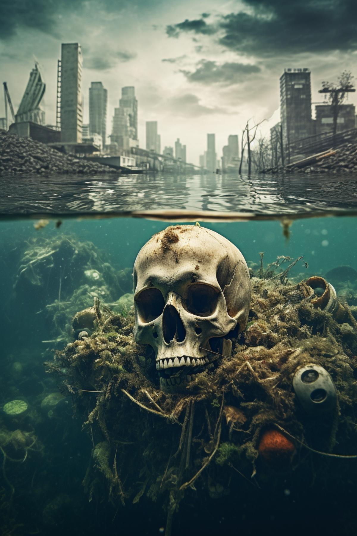 Skulls and bones overgrown with colored marine vegetation against the backdrop of a flooded city, a sunken civilization, an underwater world, a gloomy atmosphere