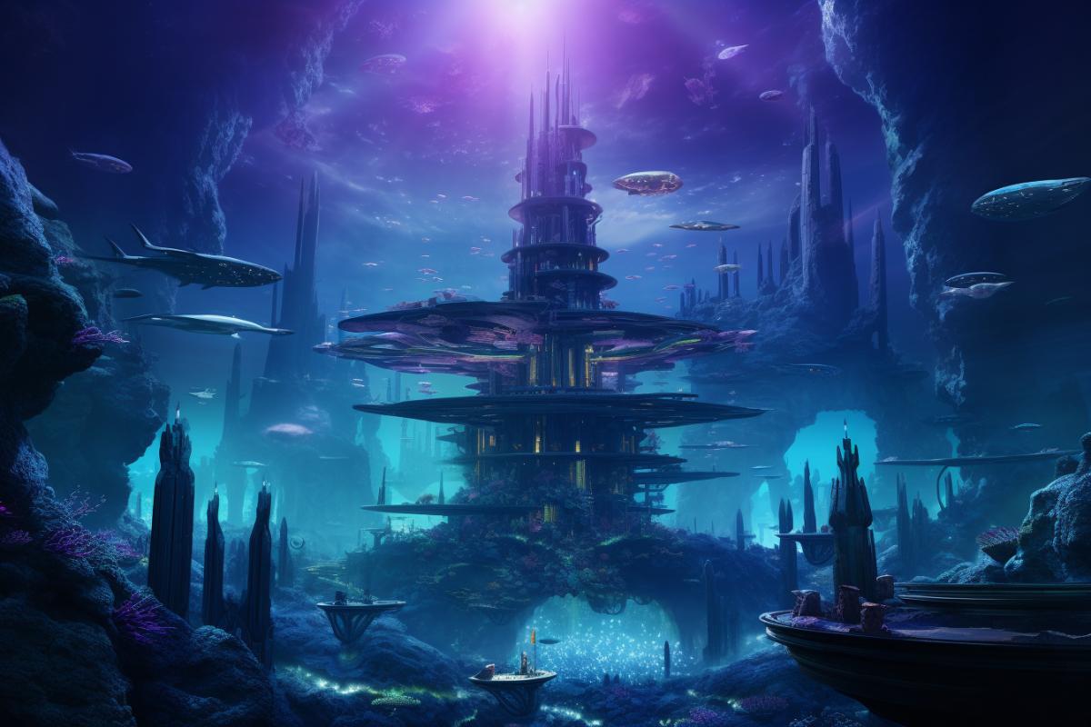 Avatar the way of water Movie style underwater city by James Francis Cameron, purple hour