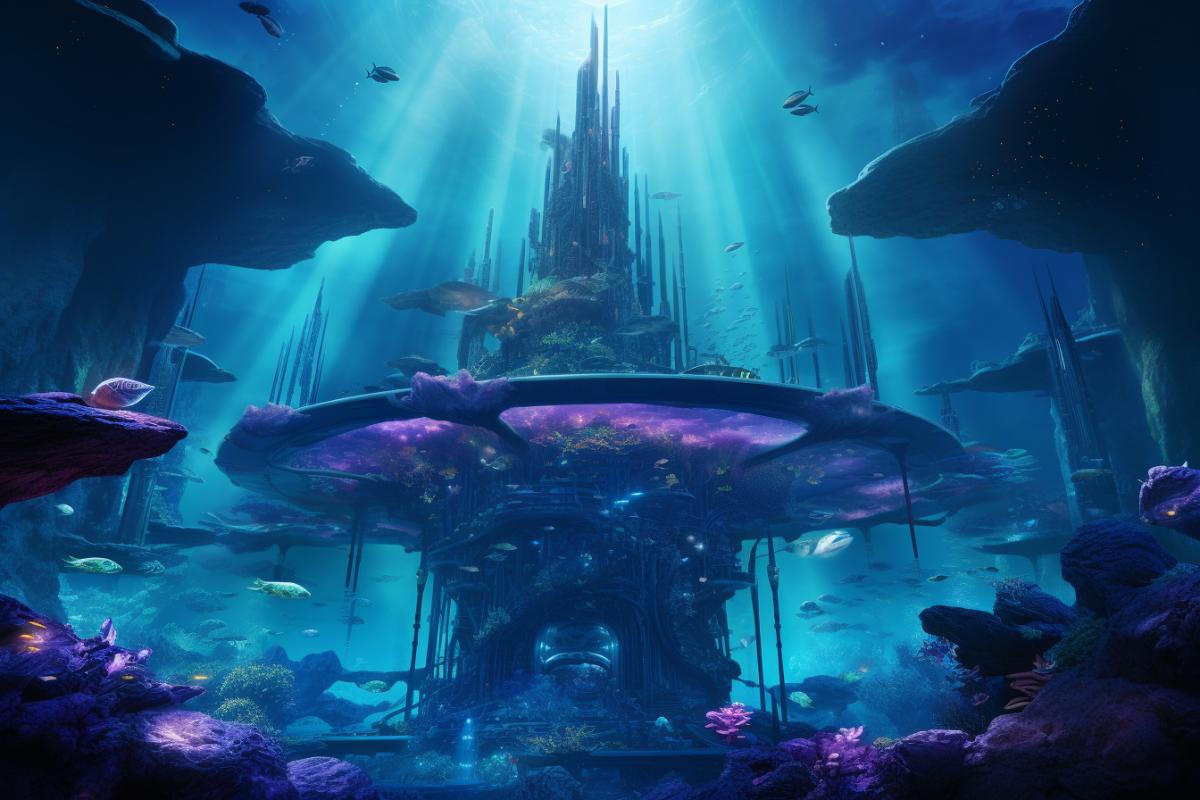 Avatar the way of water Movie style underwater city by James Francis Cameron, purple hour
