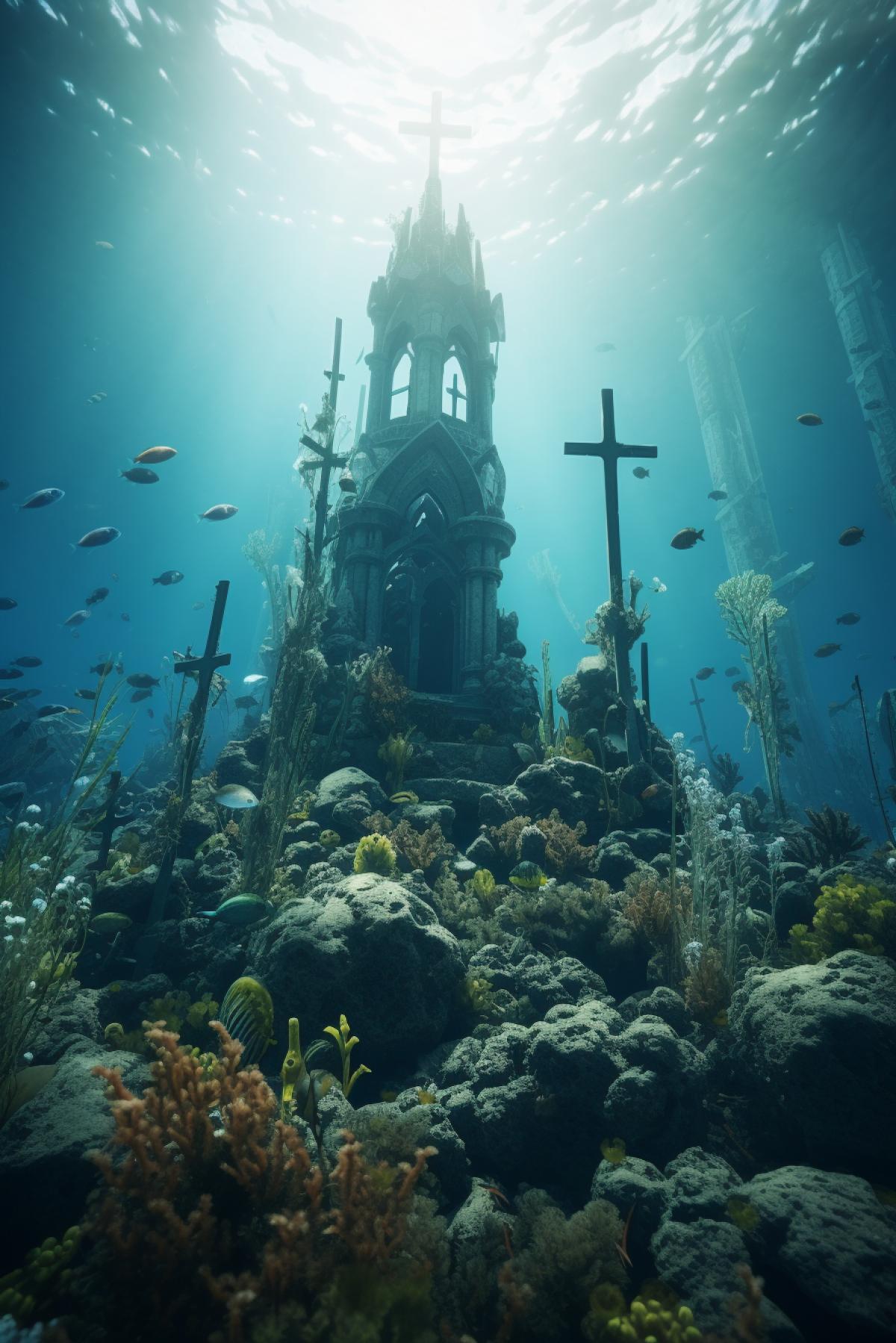 A sunken cemetery with a church, bones and skulls overgrown with marine vegetation, a crucifix, underwater worlds