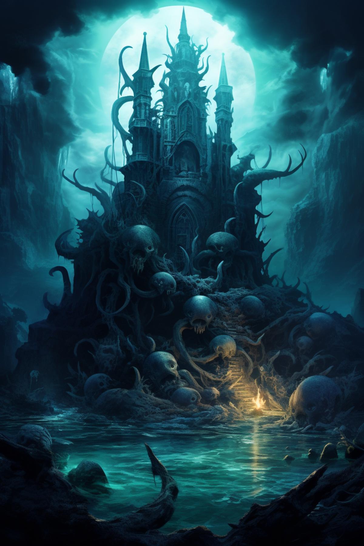 Sunken city built from the bones of a leviathan, entwined with the tentacles of a huge octopus, mystical underwater worlds, fantasy, Lovecraft style