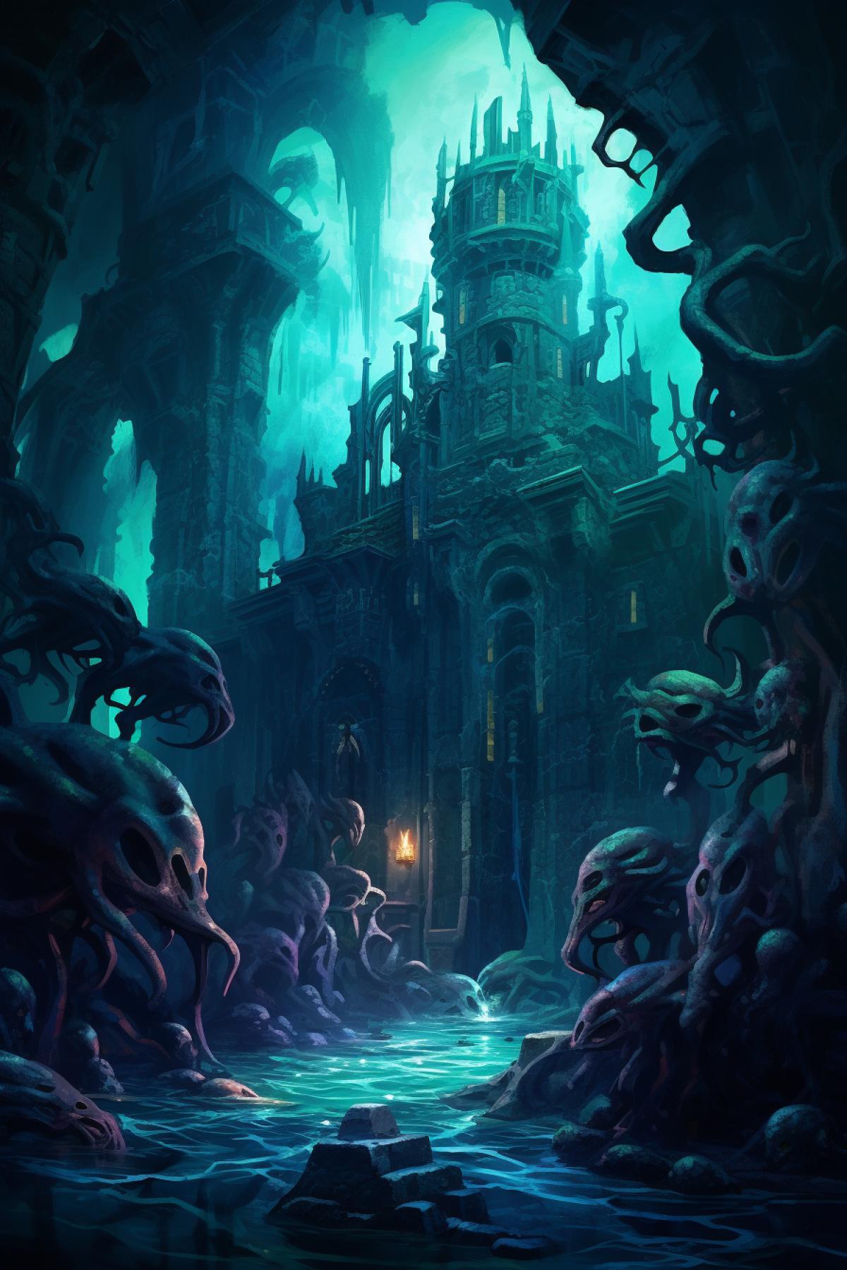 Sunken city built from the bones of a leviathan, entwined with the tentacles of a huge octopus, mystical underwater worlds, fantasy, Lovecraft style