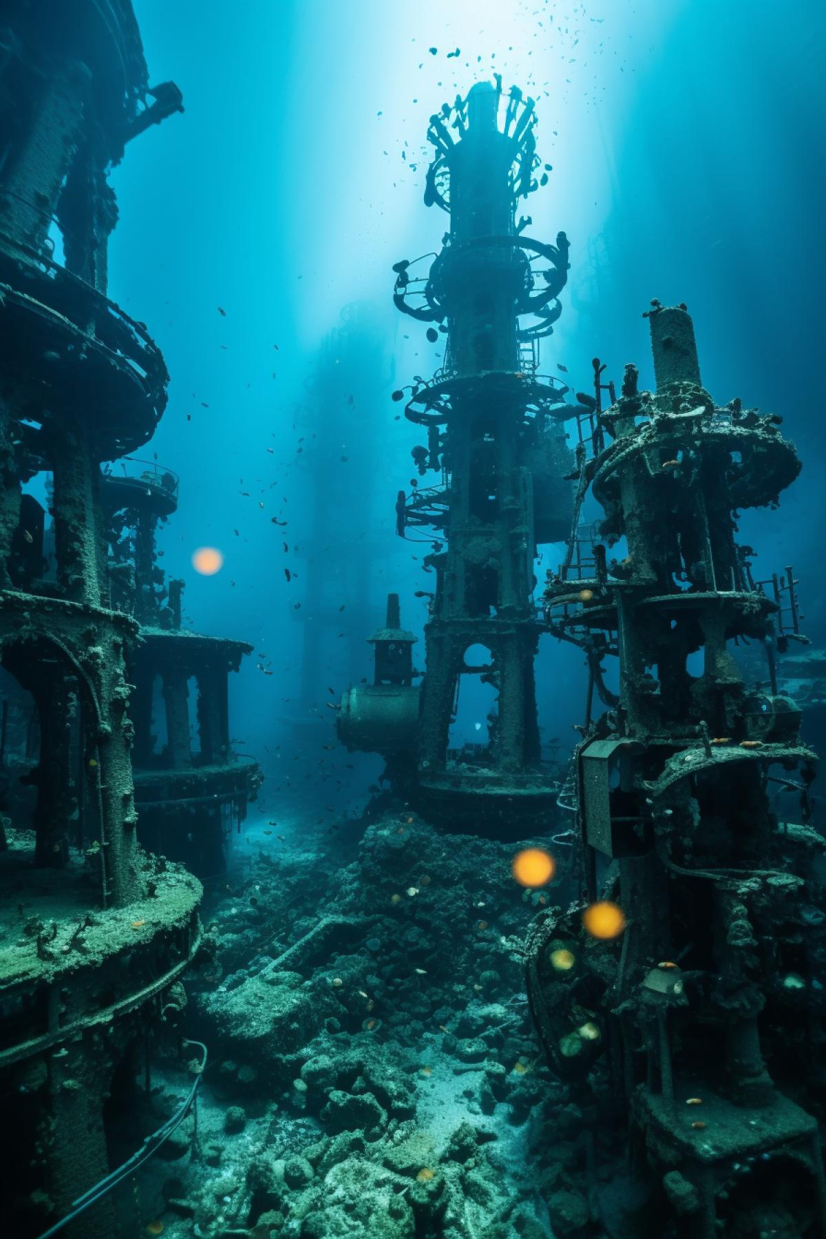 Sunken robotics factory, sunken civilizations, underwater world