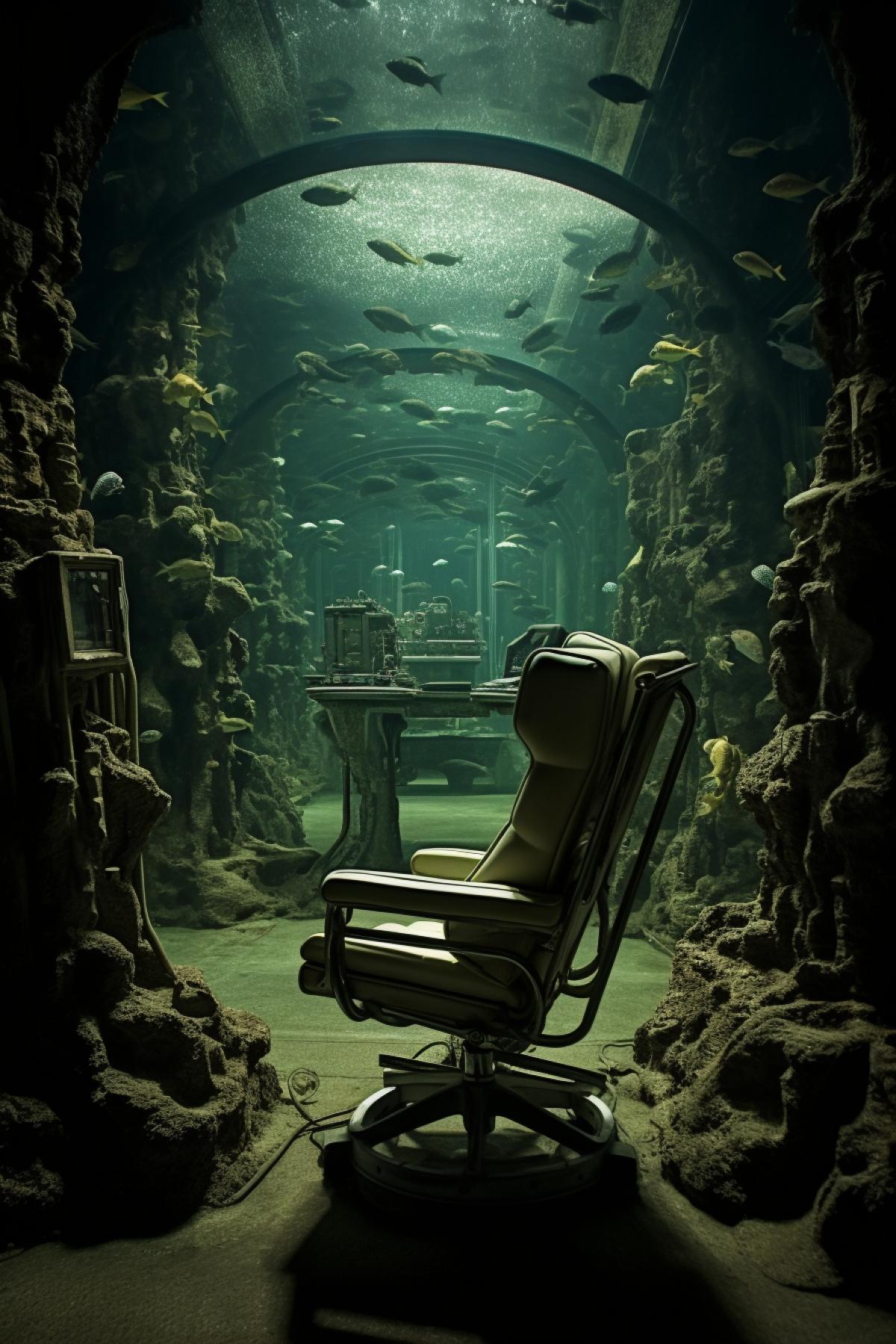Sunken biolab, creepy exhibits, sunken world, underwater worlds, giger style