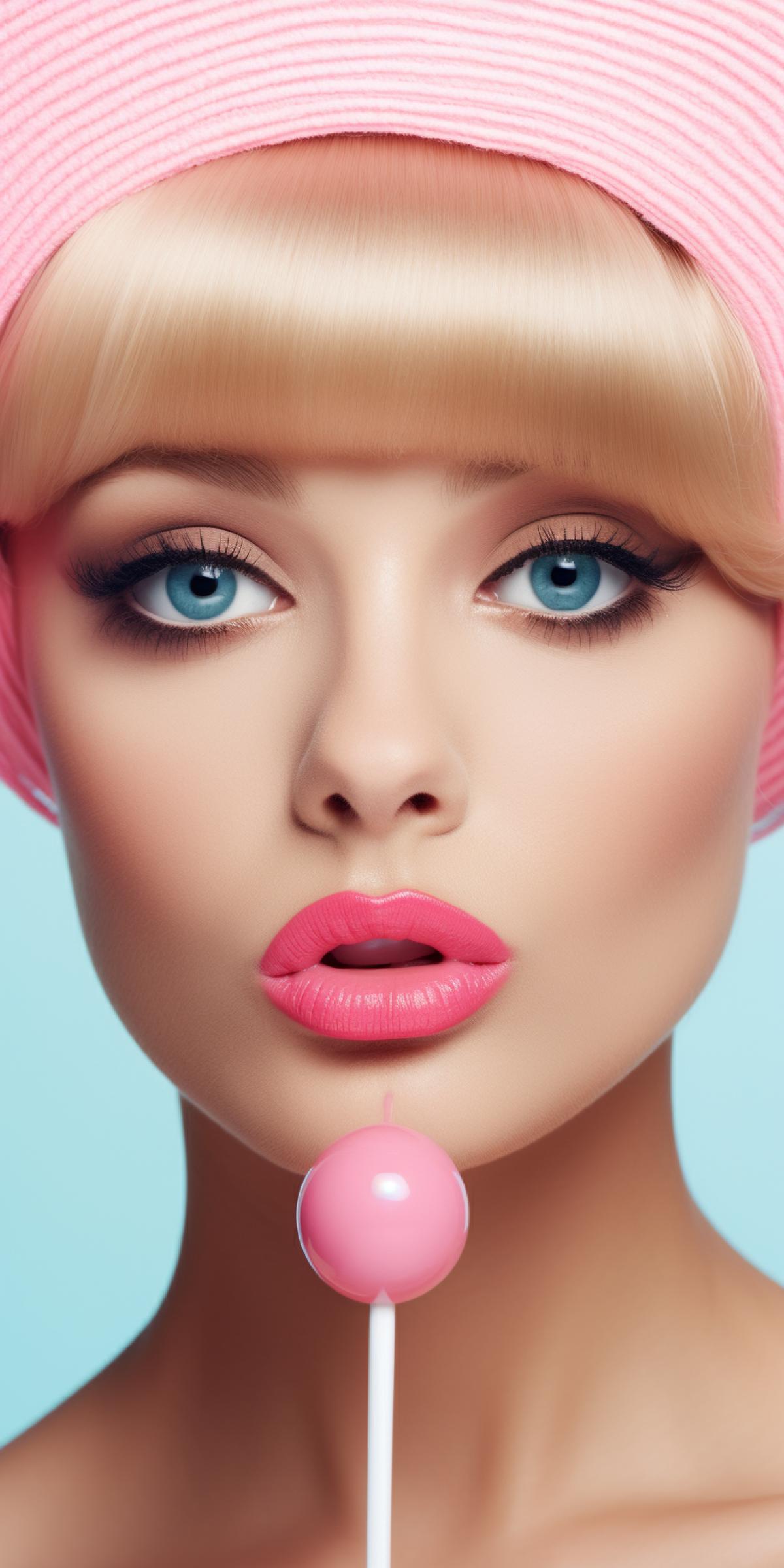 Photography of Barbi girl with a lollipop in her lips, face closeup, beauty girl in the style of Mary Quant
