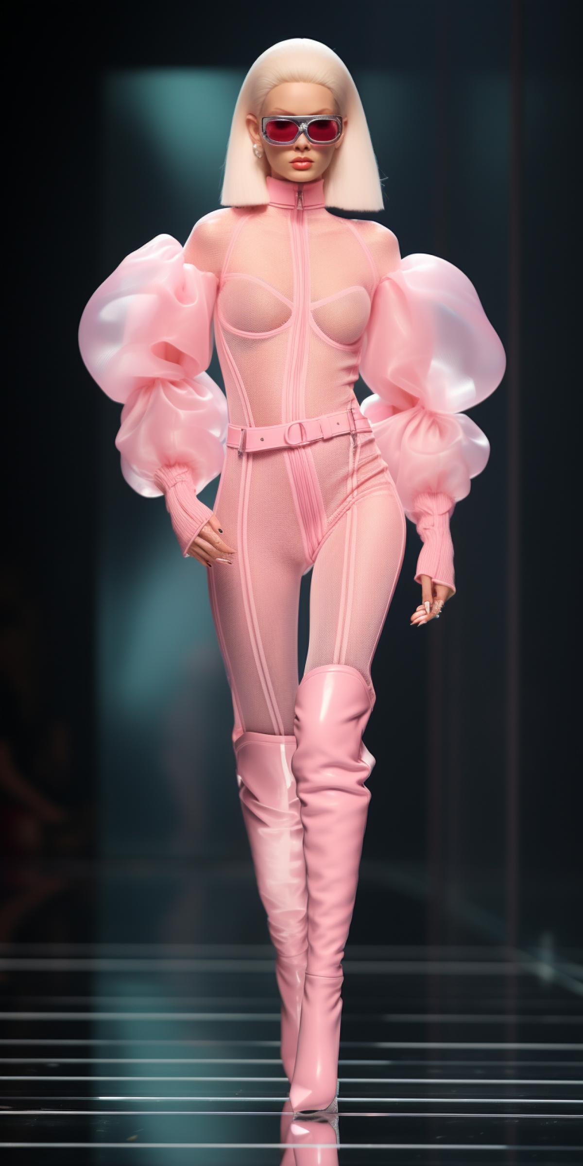 high fashion runway models futuristic glasses, wearing pink catsuits with tulle and organza dress and white boots with heels, Barbie inspired, hyper realistic