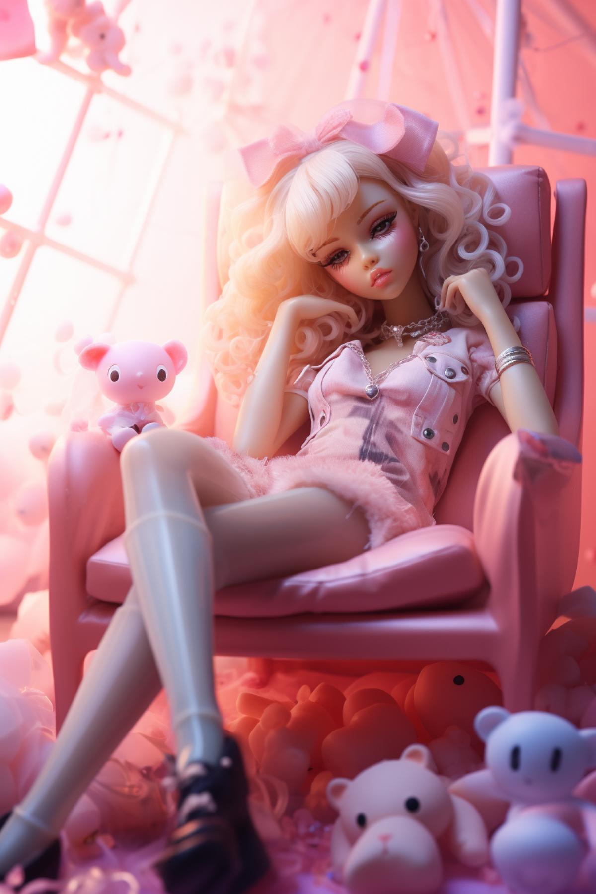 the full body 3D artwork of AA lovely Barbie girl sitting in a chair, wearing cute transparent pink pajamas, she is very tired, there are many pink toys on the floor, with dark circles under her eyes, the scene is in the study, watercolor texture style, popmart blind box, clay material, bright background, award-winning, LED, 3d art, depth of field, surreal, octane rendering, ray tracing, complex details, animation lighting