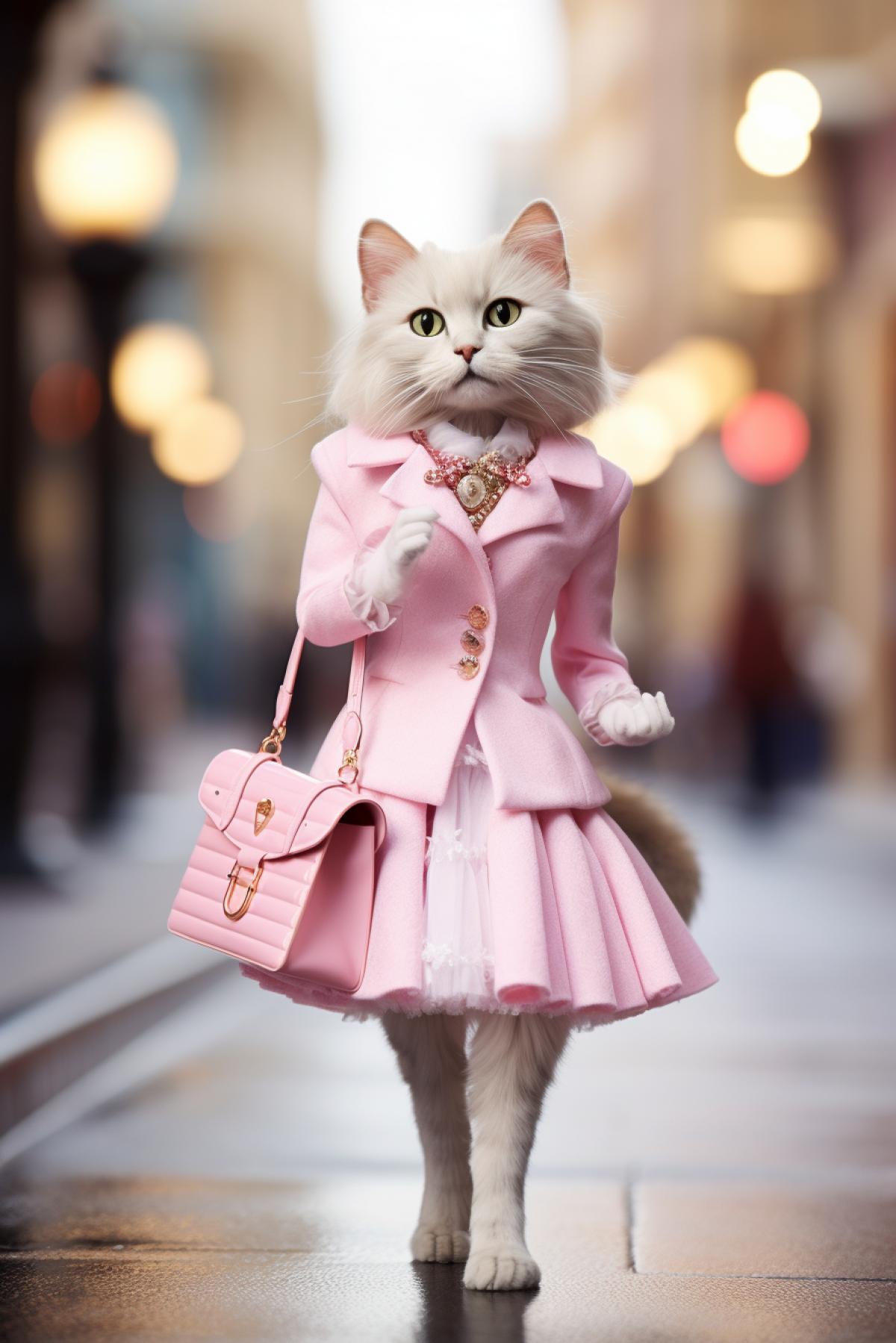 An anthropomorphic cat Barbie posing for a fashion photoshoot
