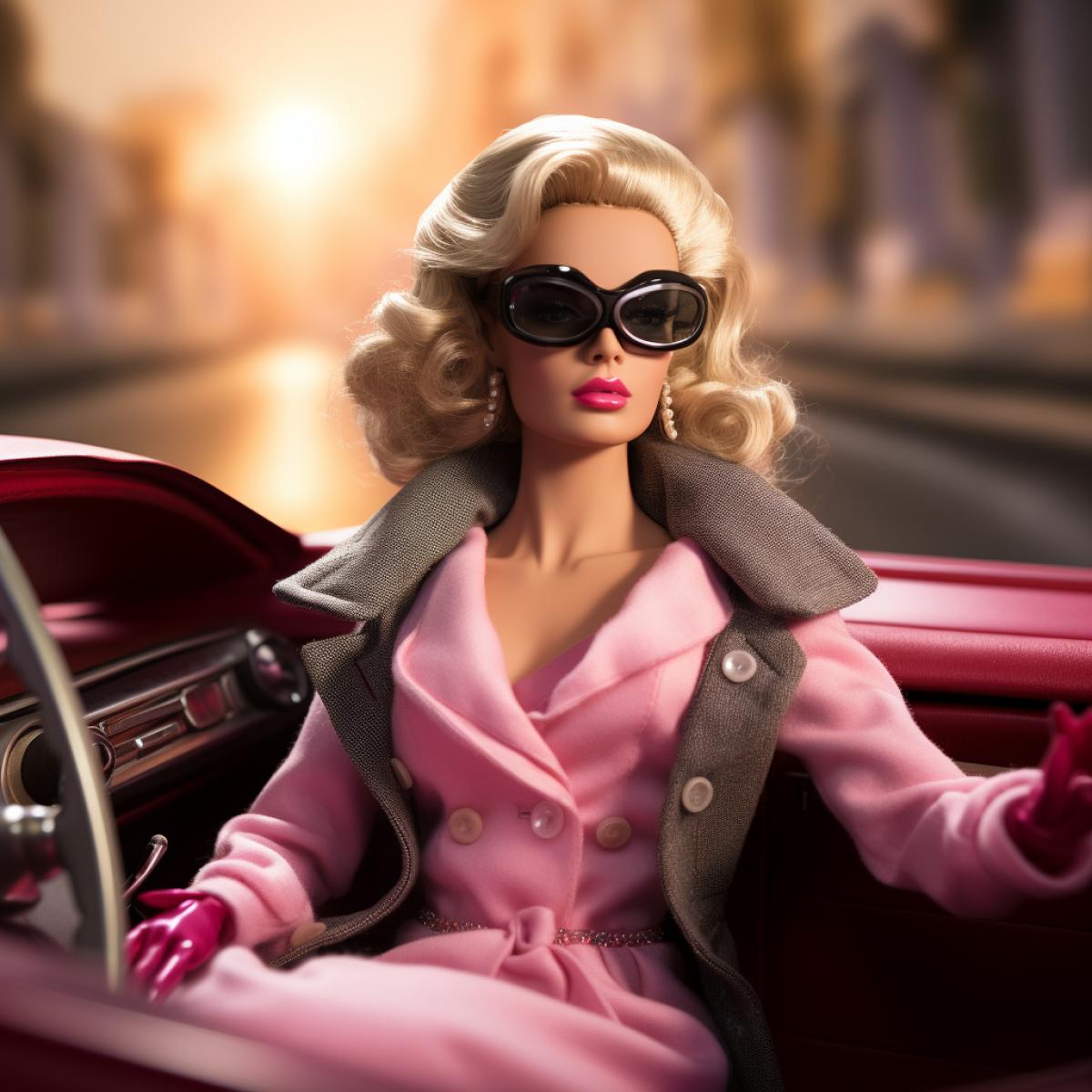 Margot Robbie in the car as a Barbie in the perfect barbies world