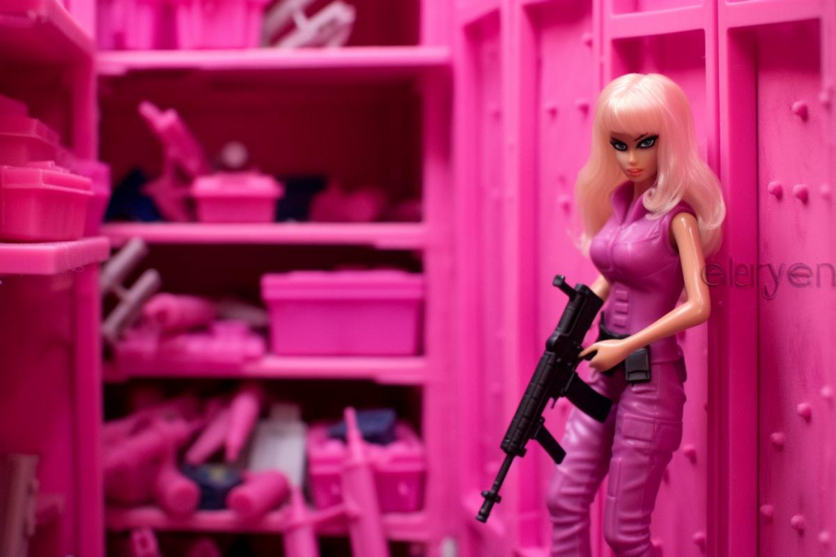 Barbie with a gun protects her pink house from bandits