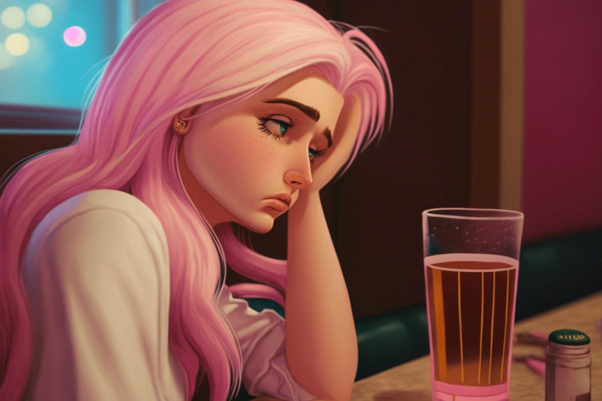 Barbie in the bar is sad and drinking beer