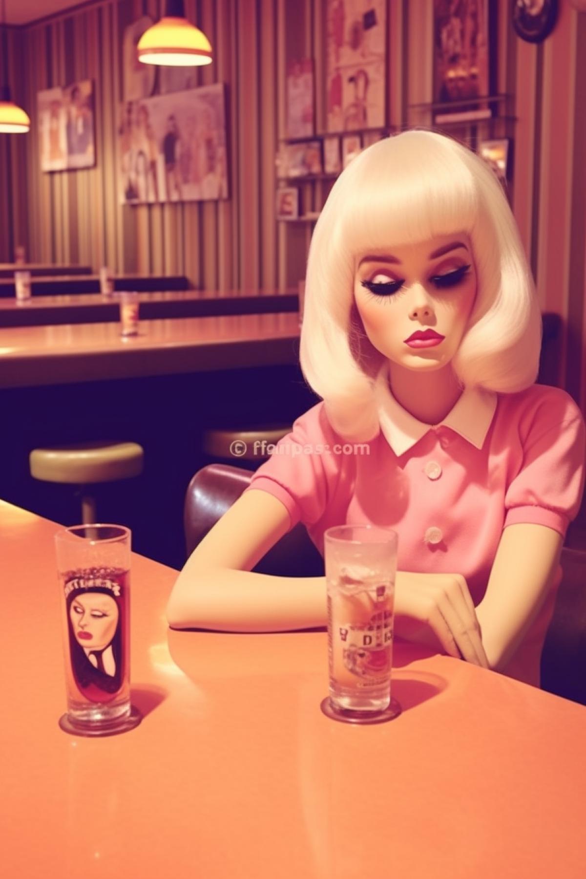 Barbie in the bar is sad and drinking beer