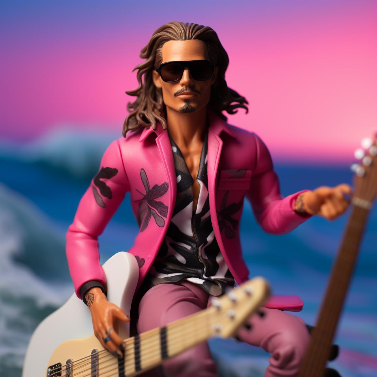 Johnny Depp as Ken in the perfect Barbies world doing surfing