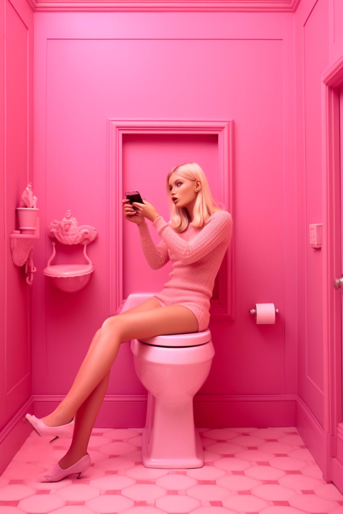 Barbie on a pink toilet in a pink toilet with a pink phone