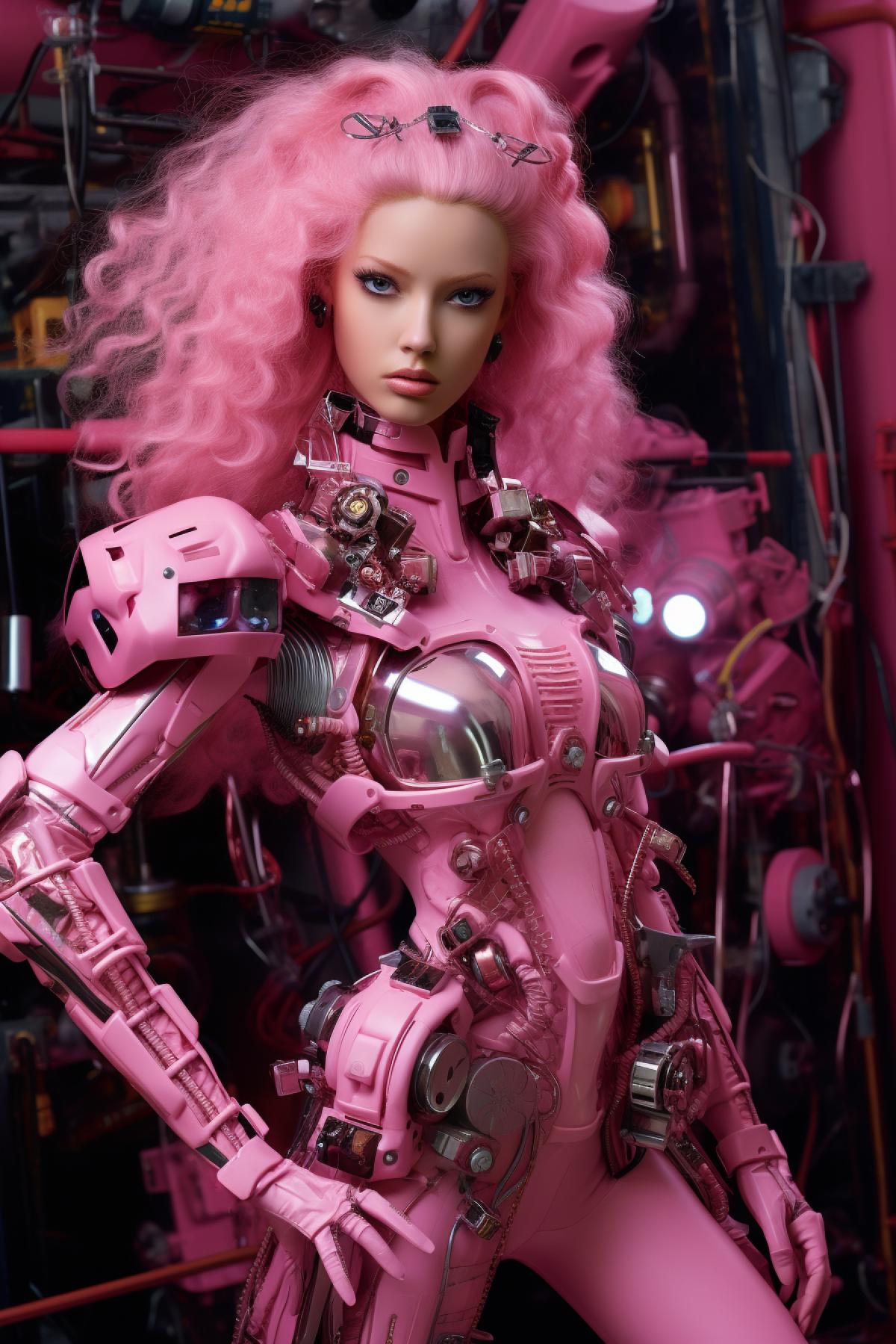 cinematic magazine shoot with barbie wearing a crystalpunk pink cyberkinetic suit by Annie Leibovitz, maximalism style