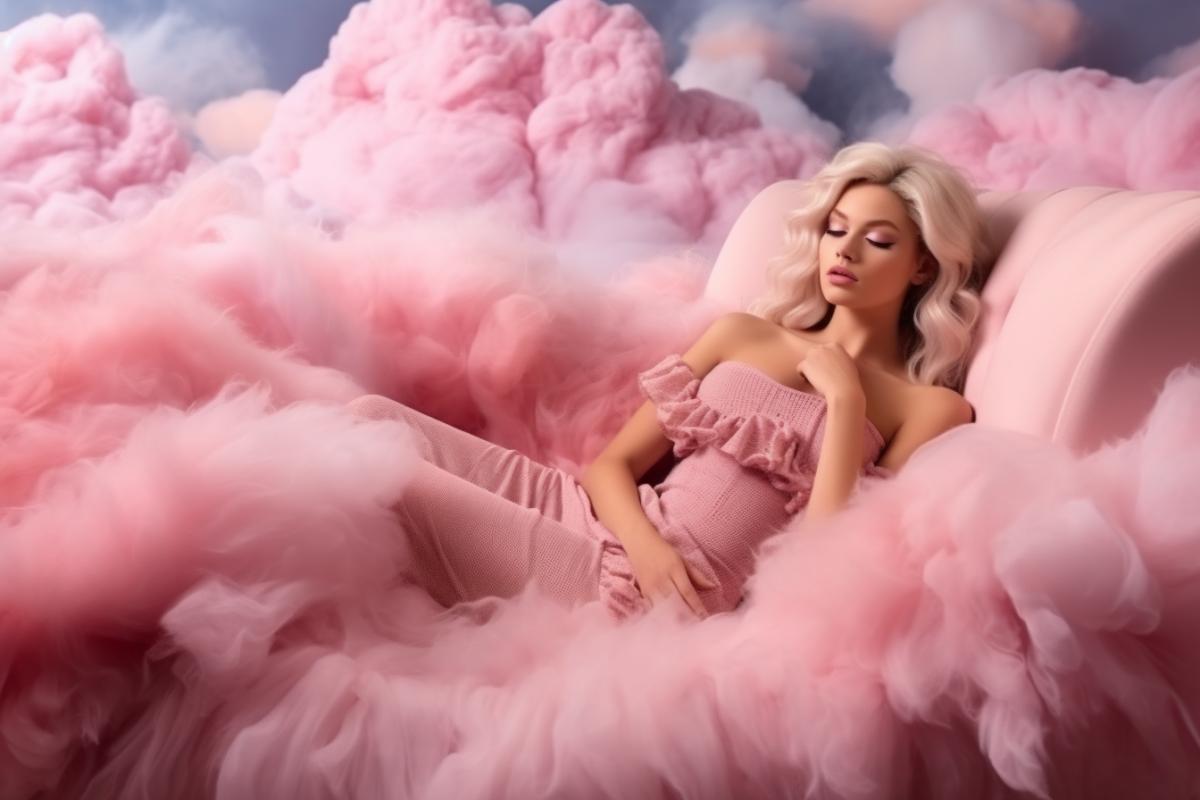 a Barbie lies on a sofa woven from clouds, concept art, pink colors, fantasy, magic, professional photo