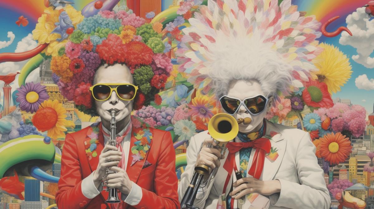 Barbie in flowers, rainbow color, gothic, classicism, barbie with capybara and ken, saxophone