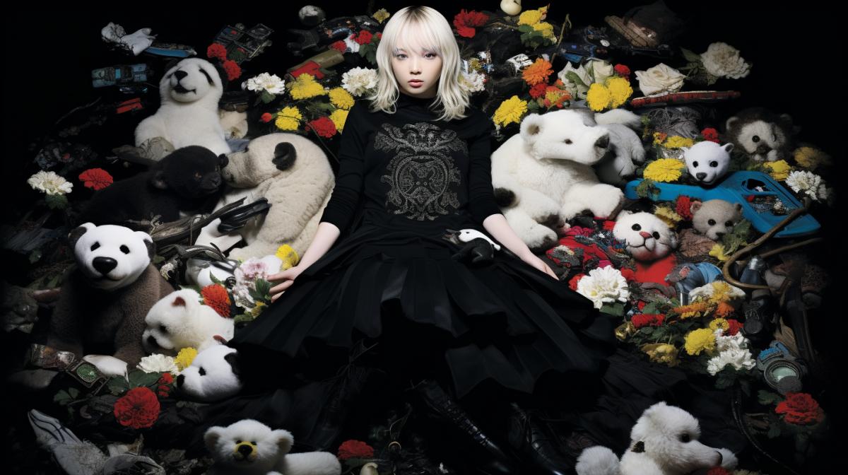 Barbie in flowers, rainbow color, gothic, classicism, barbie with capybara and ken, saxophone
