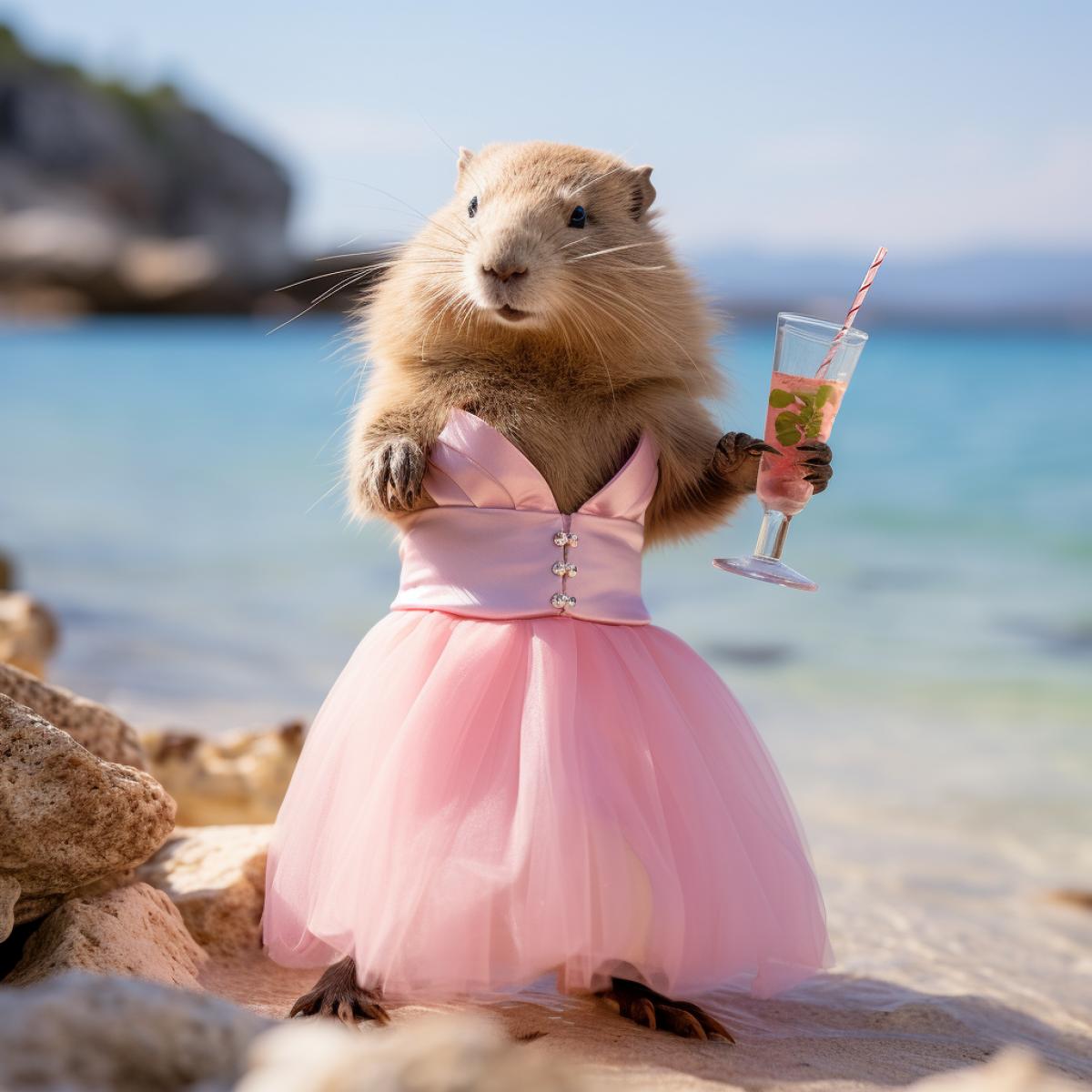 Beaver in a barbie dress drinking arockettail on a Mediterranean beach