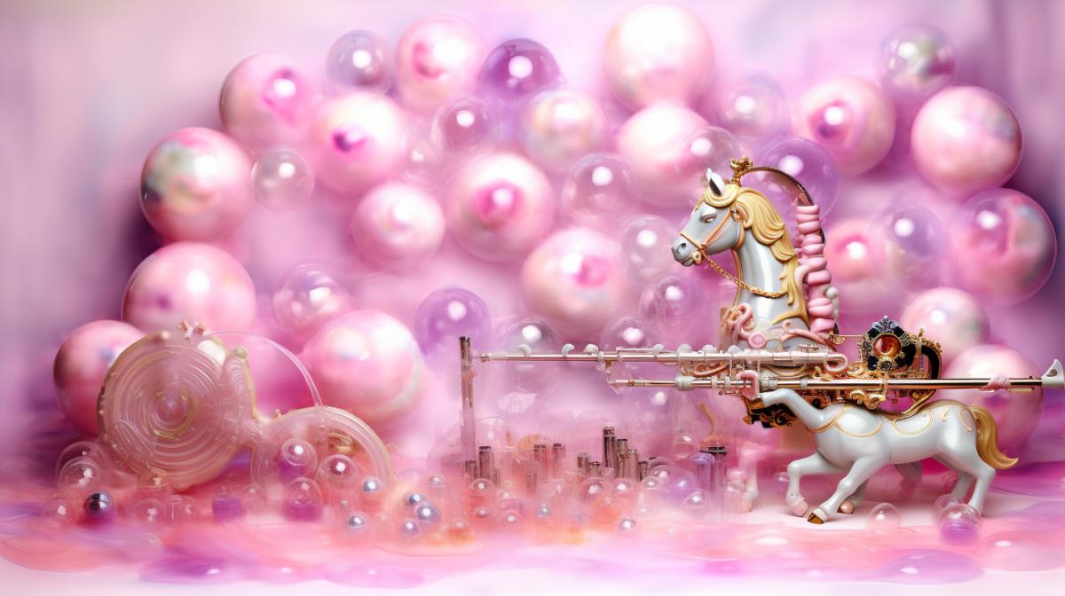 Barbie in pink purple and light green plays the saxophone and rides a unicorn, and soap bubbles around, romanticism