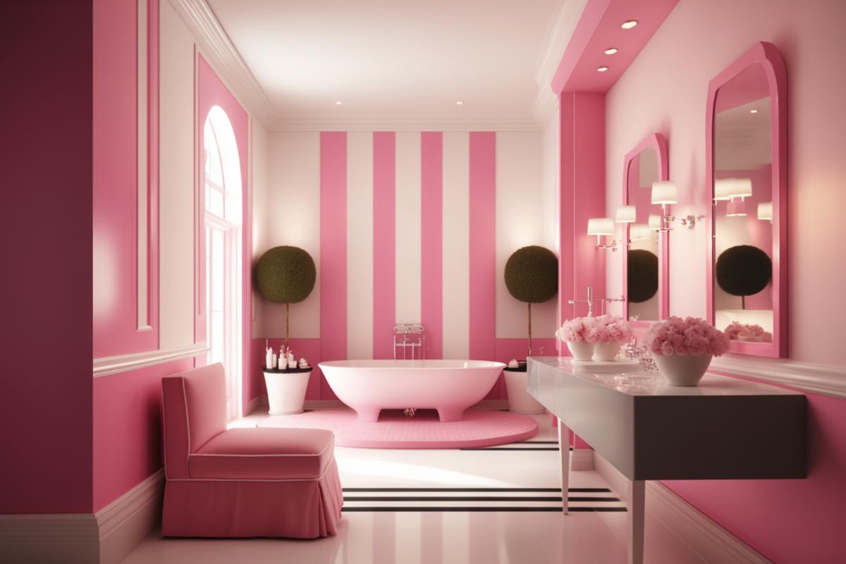 elegant bathroom, barbie pink style, large-scale minimalist, layered, modern, striped arrangements