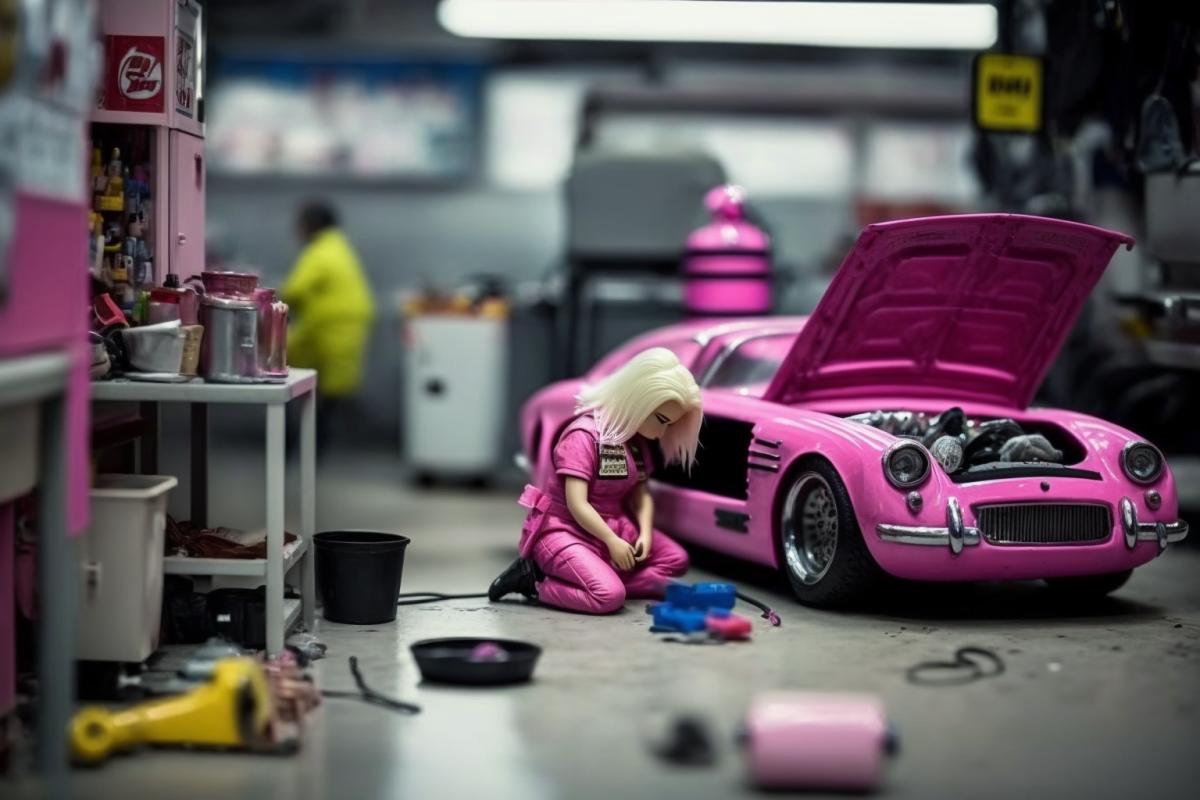elegant auto repair shop, in pink Barbie style, blonde in pink work overalls repairs the car lying on the floor