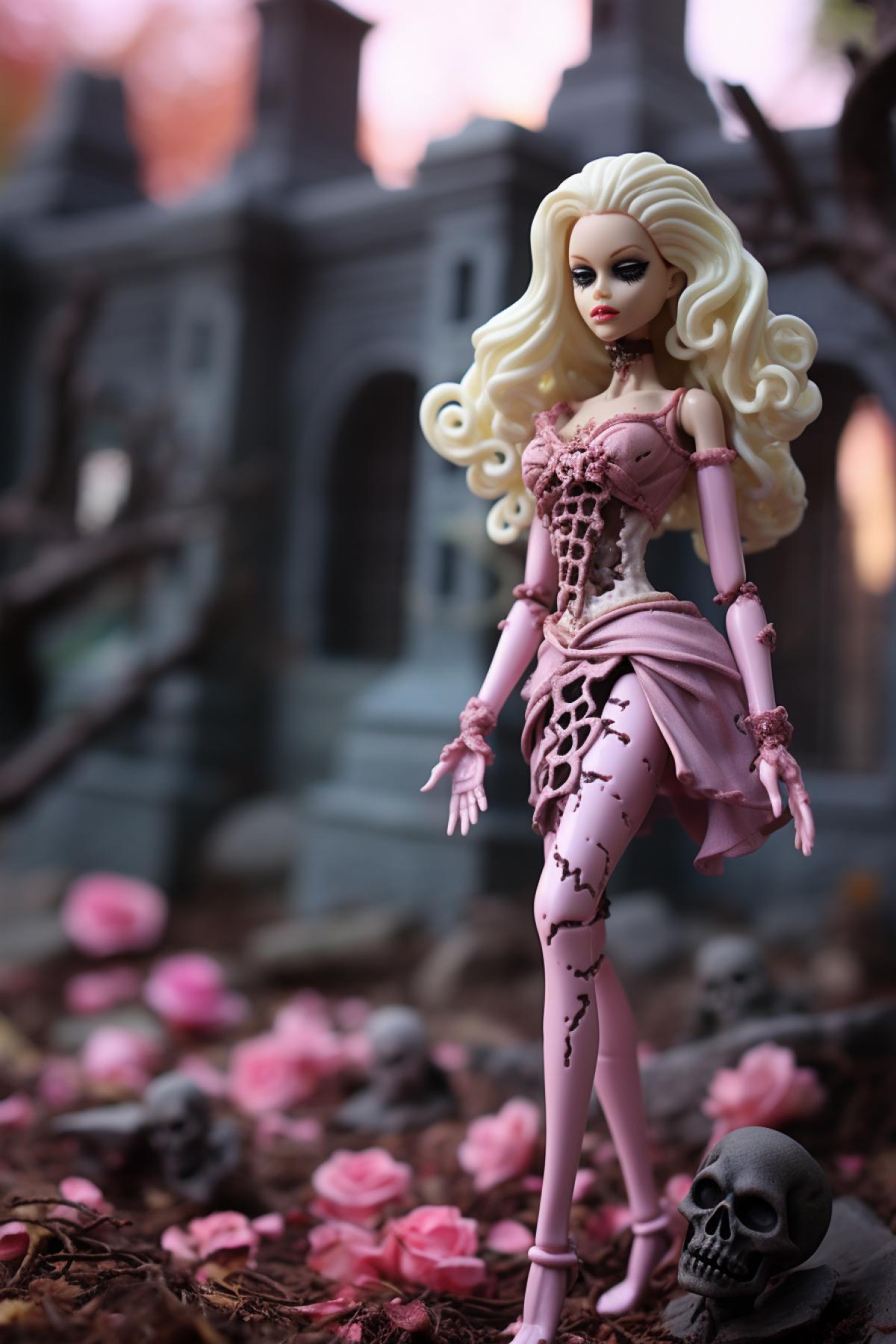 Barbie zombie plastic doll, barbie girl in a barbie’s world, cemetery fashion glamour
