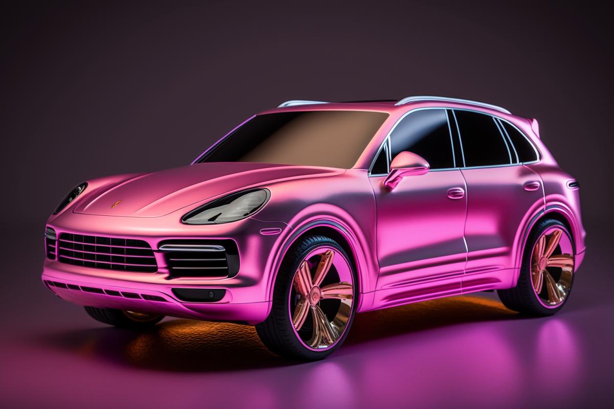 nickel plated pink porsche cayenne in barbie style, professional photo, 8k