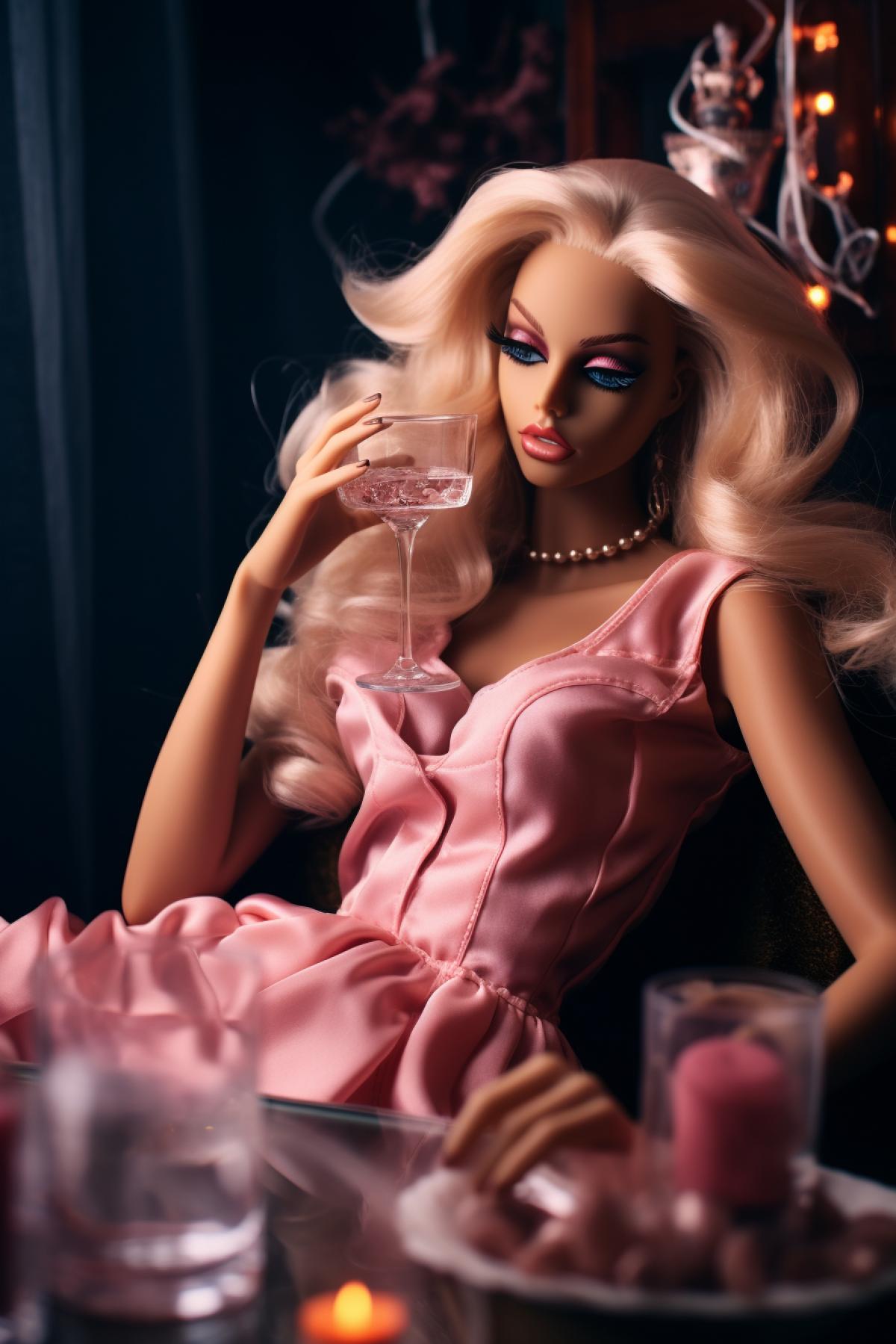 Barbie wino drinks whiskey, doll, barbie world, depressive pink atmosphere, barbie world