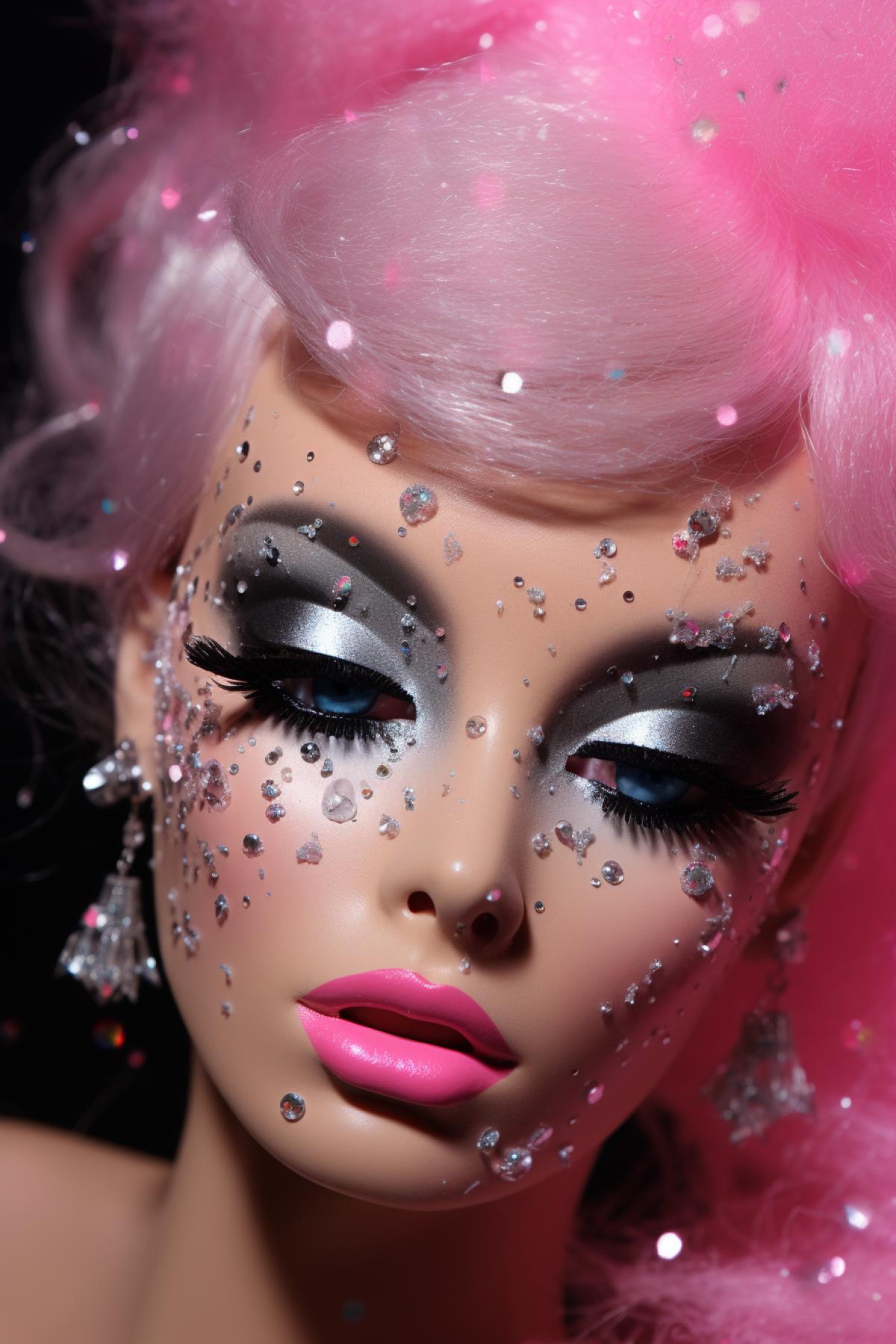 Barbies face melts and flows with sparkling plastic, long false eyelashes, glitter, glamour, fashion, style