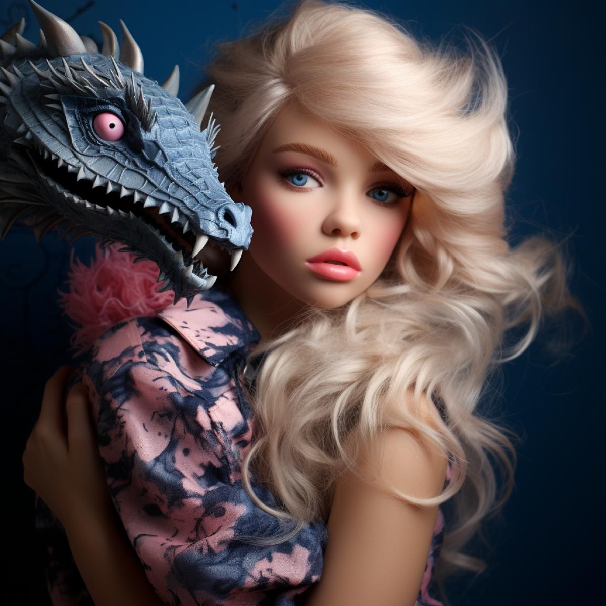 Barbie girl with blue eyes and hair blowing in the wind bad barbie style portrait shot hugging dragon magazine style photo