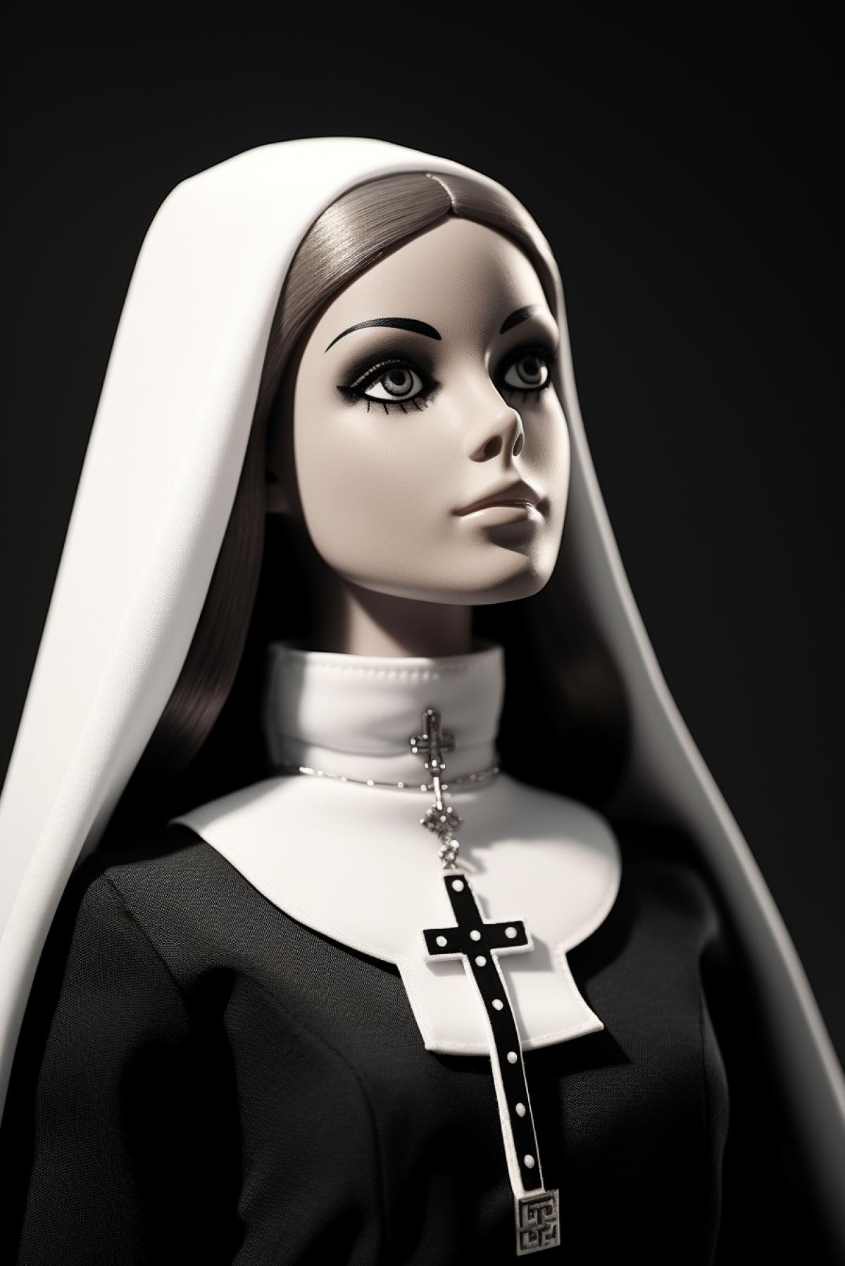 the first 1969 Barbie doll as Saint young woman Marie, character design, the style of dark and white grayscale, character design