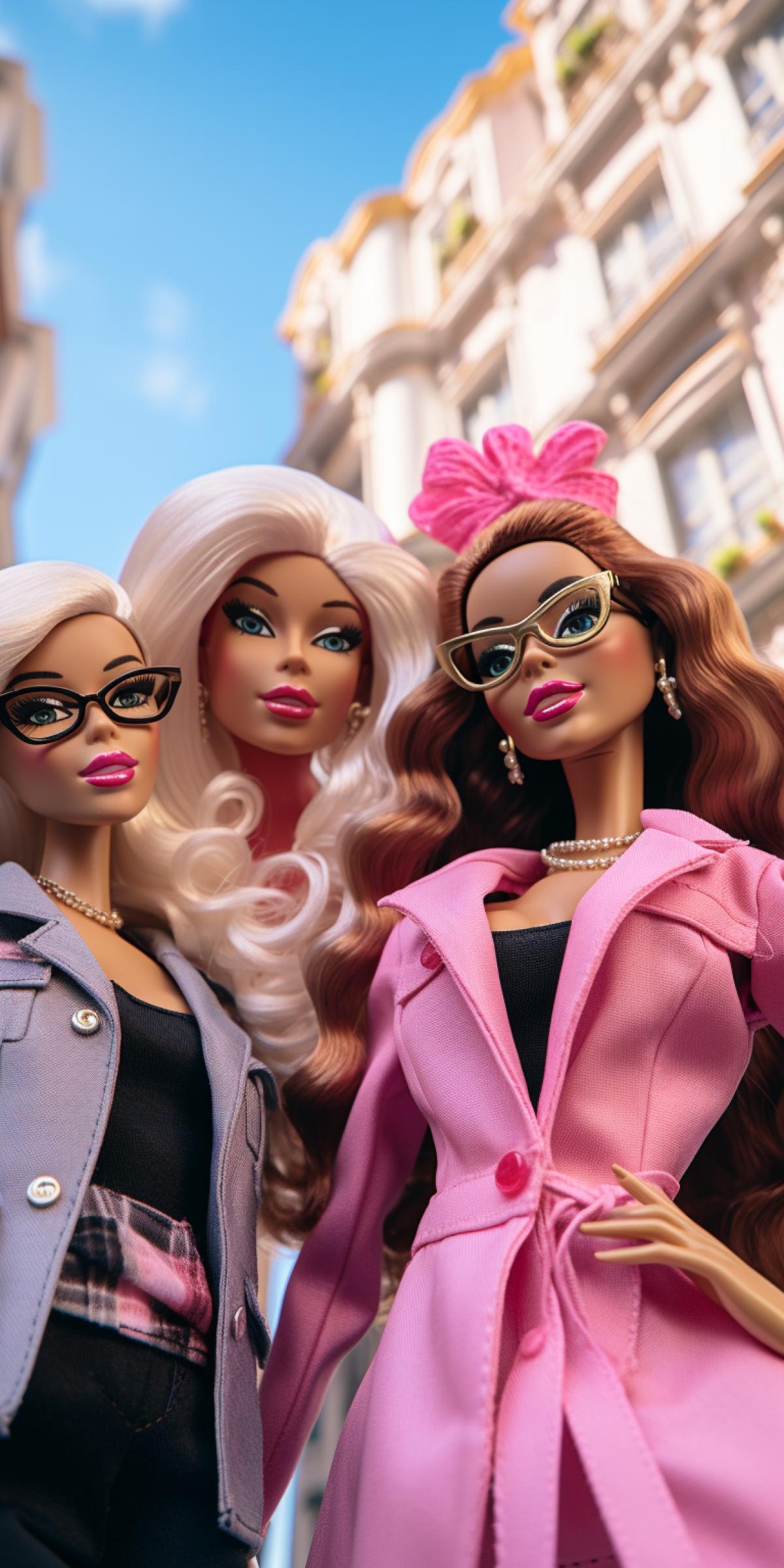 Hyper realistic, barbie city, people from the Barbie city, barbie attire, making a selfie, in front of Barbie architecture