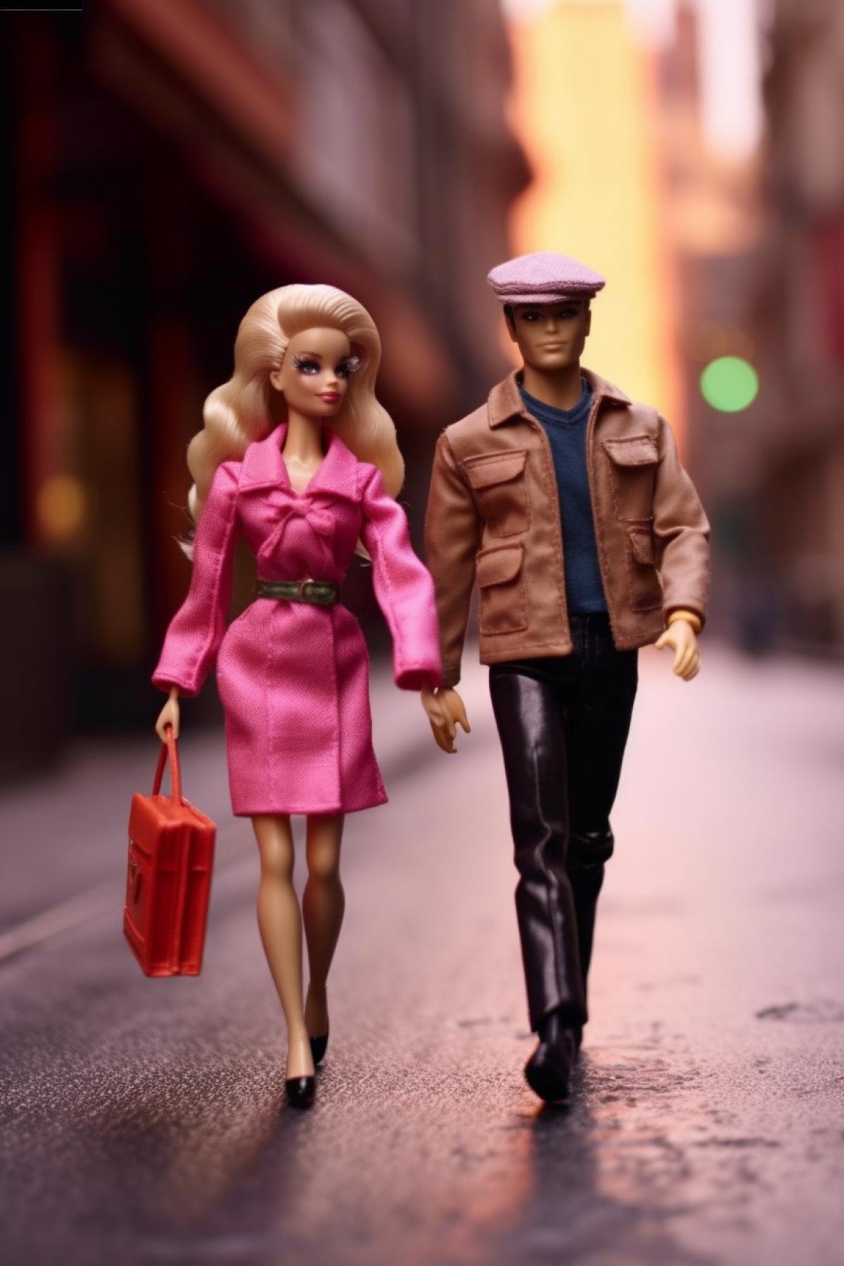 Barbie doll and Ken walking down the street