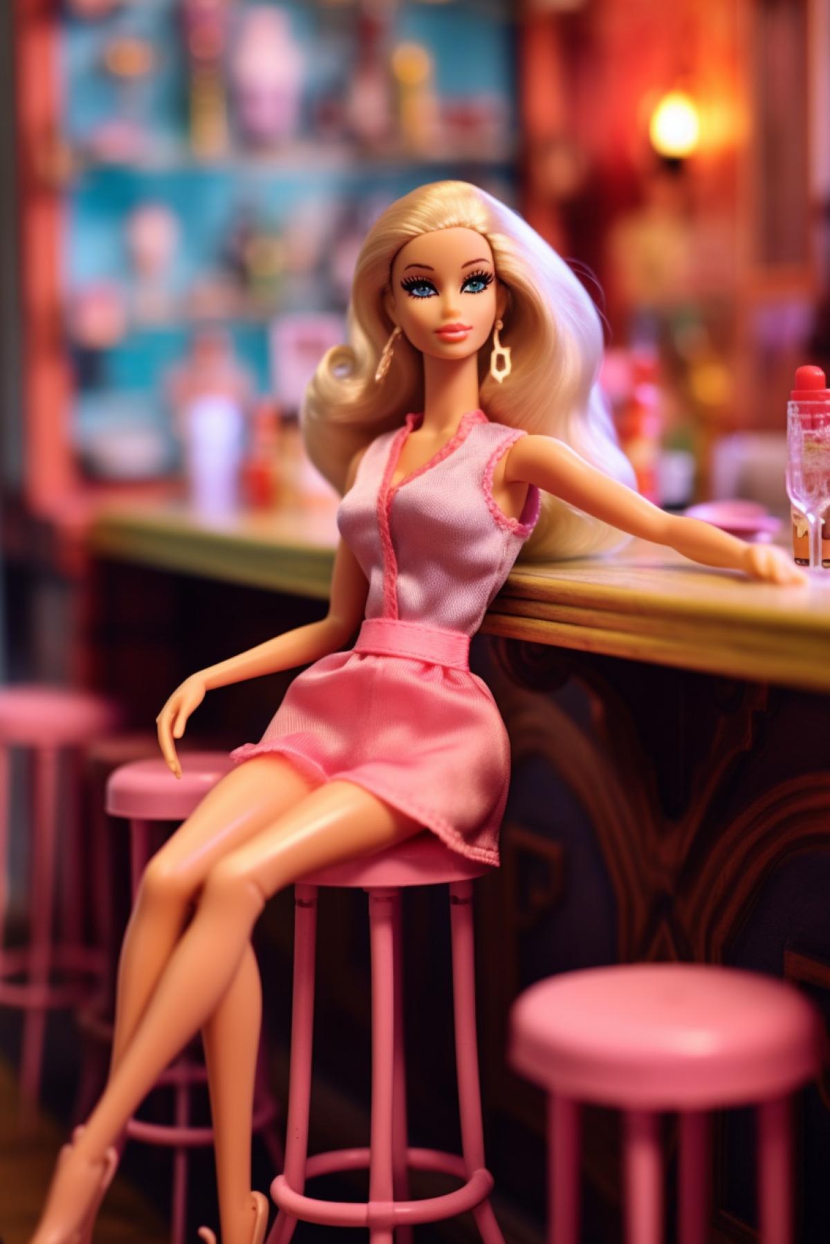 Barbie sits on a chair near the bar