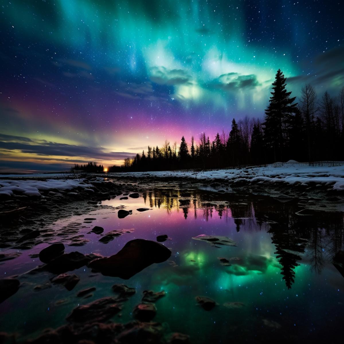 Northern Lights, mesmerizing, colorful, ethereal, night, landscape, digital, wide-angle lens, twilight, cinematic, no filter