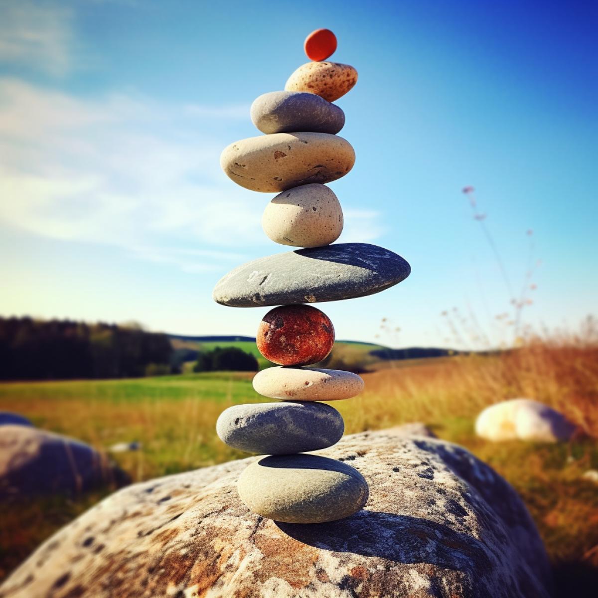 Gravity-defying Stones, surreal, balancing act, otherworldly, daytime, close-up, smartphone camera, macro lens, sunny, abstract, natural colors