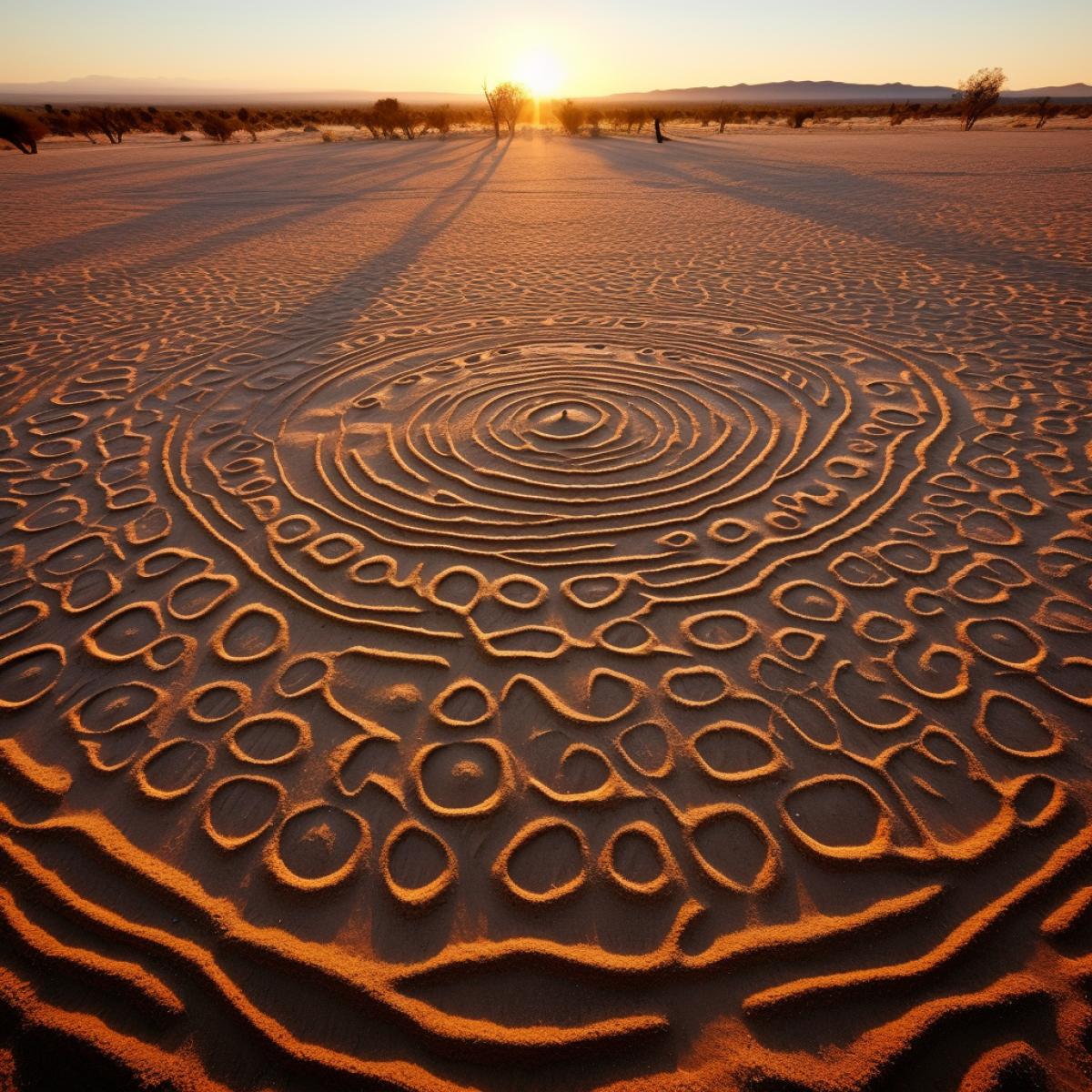 Fairy Circles, desert mystery, intricate patterns, barren beauty, sunrise, aerial view, drone, wide-angle lens, early morning, geometrical,