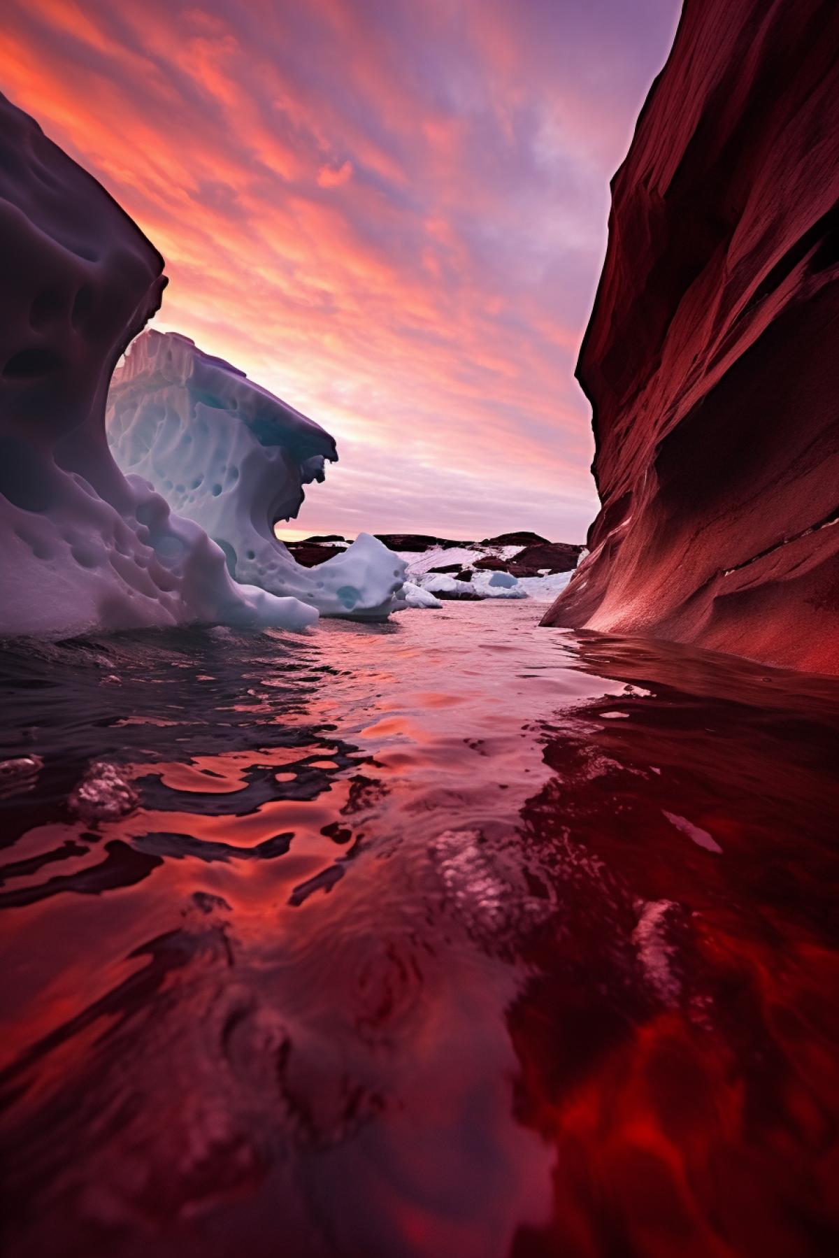 red liquid Falls, Antarctic wonder, dramatic, red hues, overcast, expedition, underwater camera, fisheye lens, polar twilight, dynamic