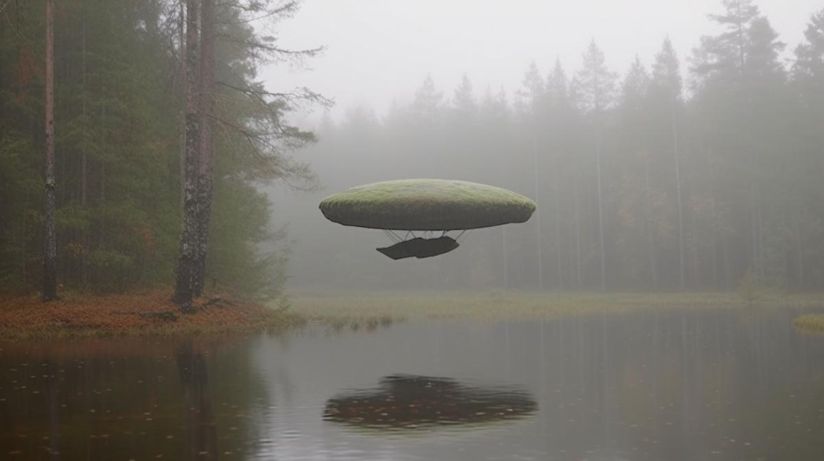 Refreshing nature of Karelia, foggy morning, lake, swamp, boulders, taiga. Ufo is flying.