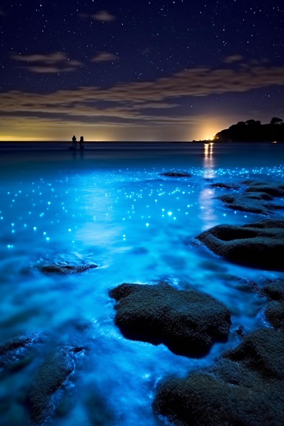 Bioluminescent Ocean Glow,  midnight, long exposure, wide-angle lens, moonlit, ethereal, natural light