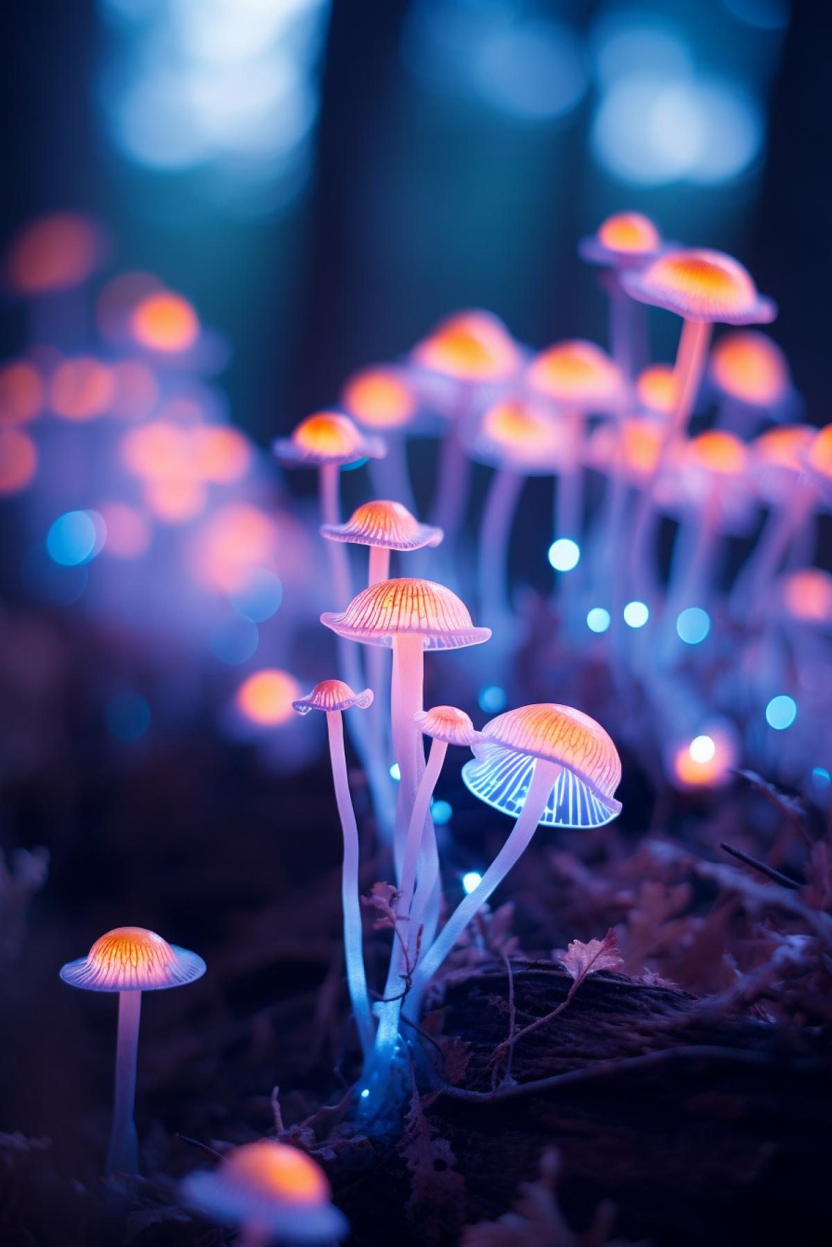 Magic Mushrooms, mystical glow, enchanted forest, dusk, macro, DSLR, macro lens, moody, whimsical, soft focus