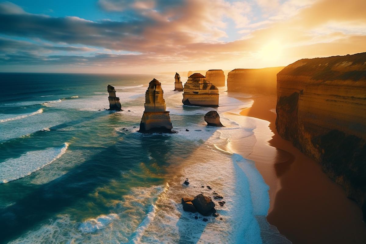 Twelve Apostles coastal grandeur, limestone marvels, sunset, travel, drone, wide-angle lens, dramatic, iconic, warm tones